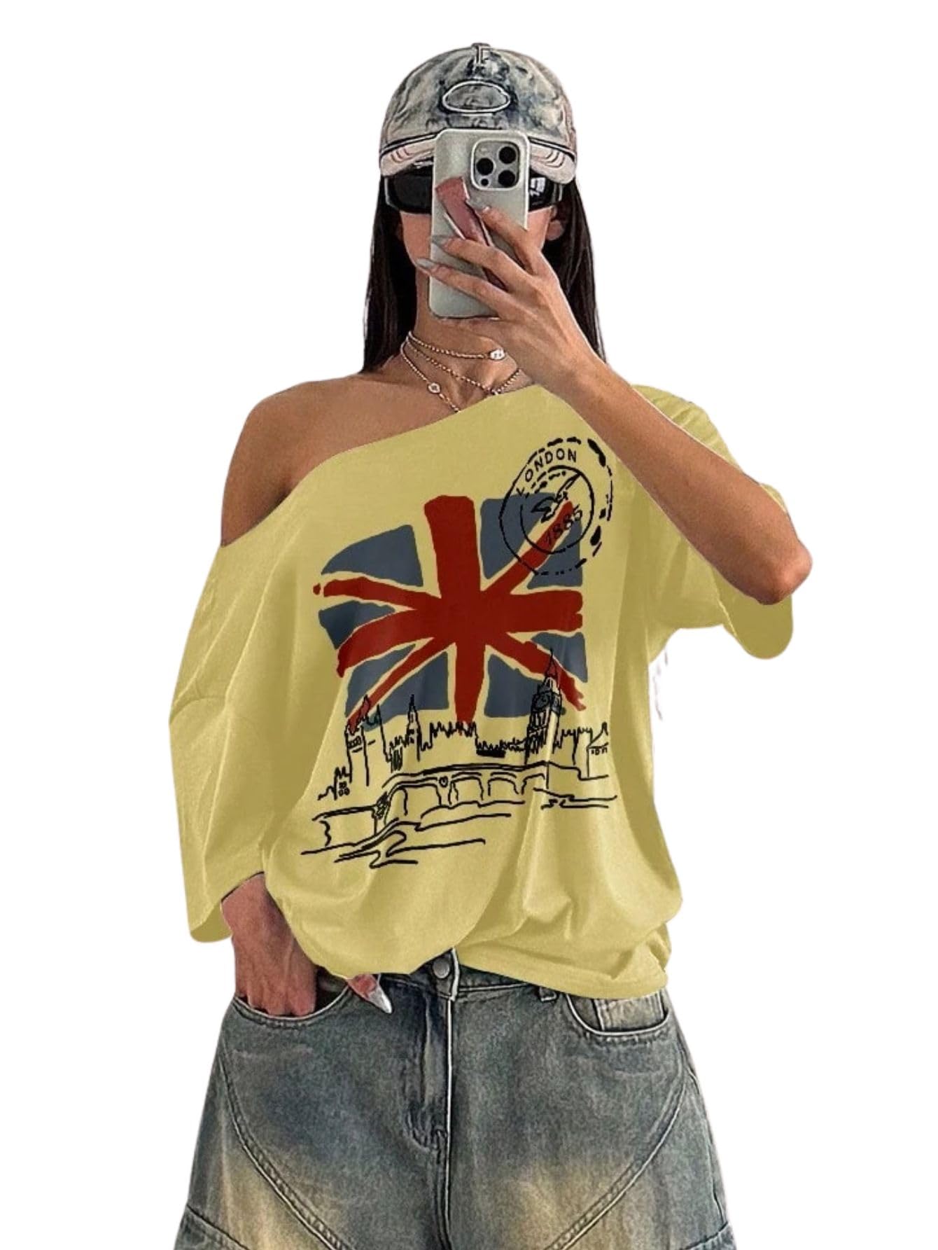 Women's Oversized Off Shoulder England Flag London Print Yellow Loose T-Shirt, Summer-image-21
