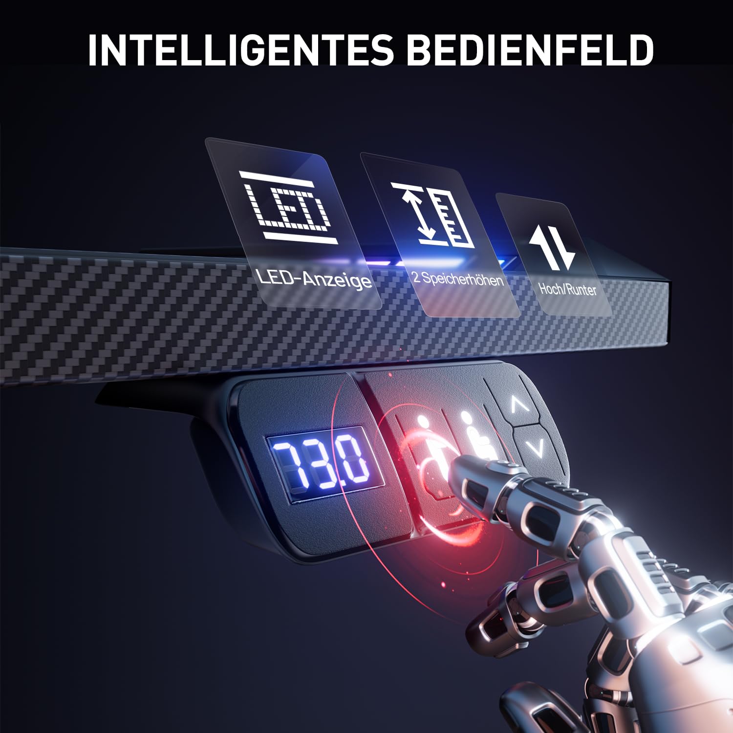 HLONONE Höhenverstellbarer Schreibtisch 120 x 60 cm, Gaming Tisch mit LED, Elektrischer Schreibtisch, Steh-Sitz Tisch mit Kohlefaseroberfläche, Elektrisch Computertisch mit Funktions-Memory, Schwarz