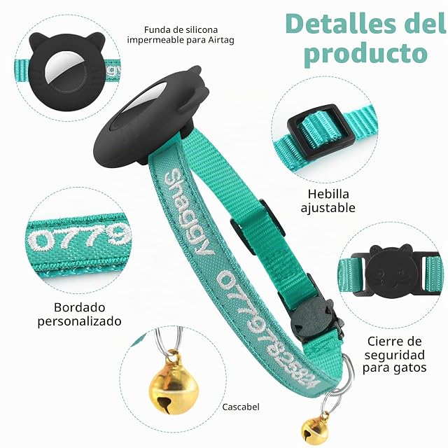 Foto 3 de 6 de AirTag - Collar de nailon personalizado con funda impermeable para Airtag y campana, collar de identificación…