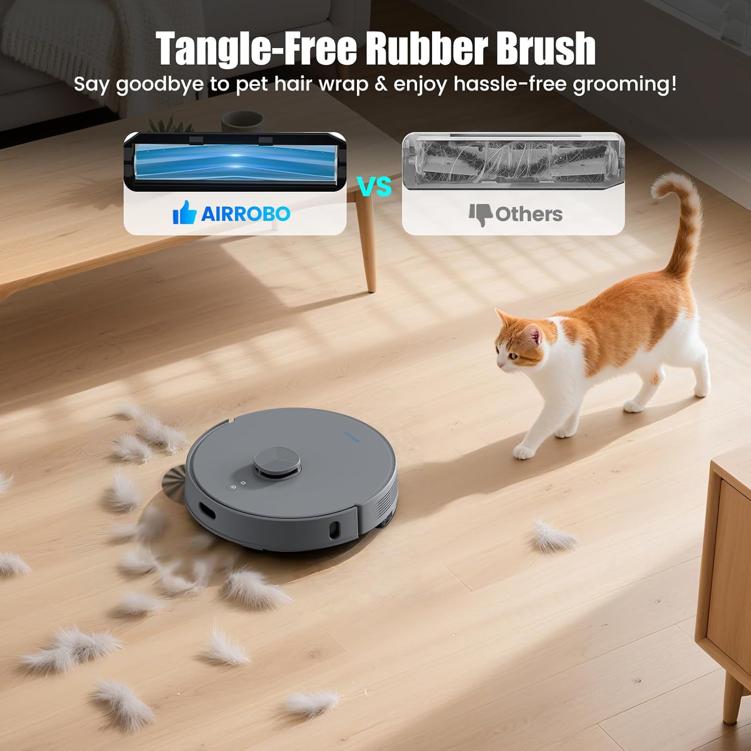 Comparison of AIRROBO tangle-free rubber brush versus traditional brush with tangled pet hair