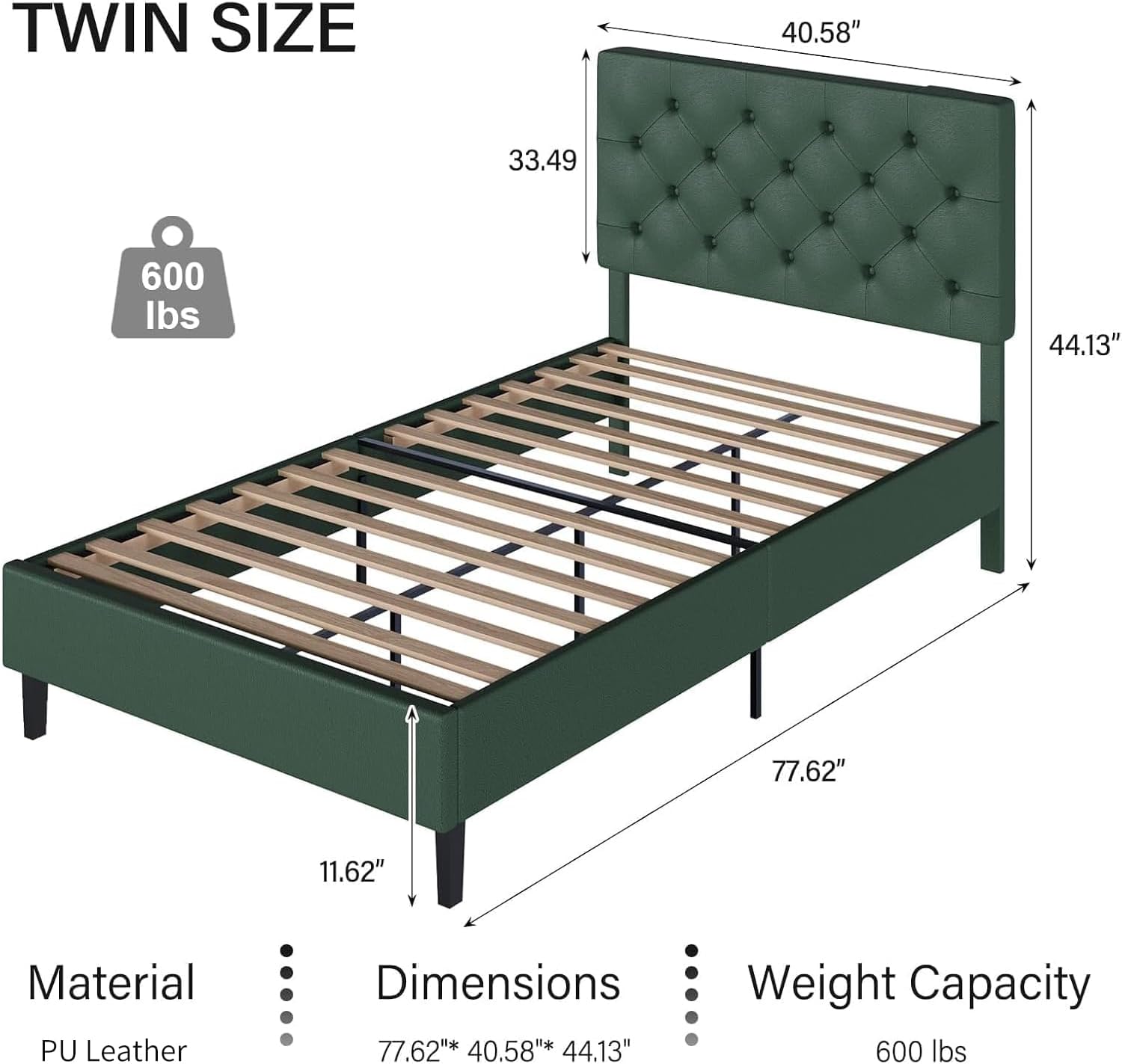 Twin Bed Frame with Headboard, Faux Leather Upholstered Platform Bed Frame, Green Bed Frame Twin Size, Wooden Slat Support, No Box Spring Needed, Green