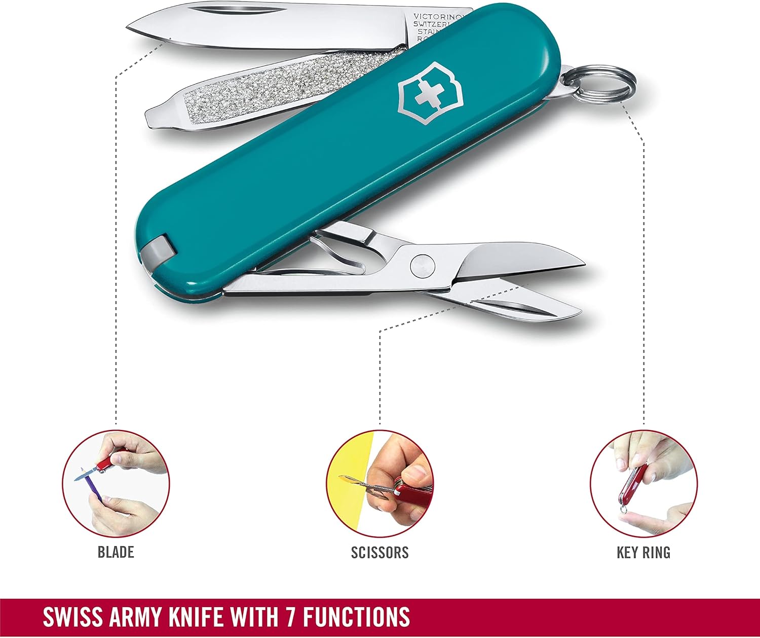 Victorinox Classic SD Swiss Army Knife, Compact, 7 Functions, Swiss Made Pocket Knife with Small Blade, Screwdriver and Key Ring - Mountain Lake (Torqouise)
