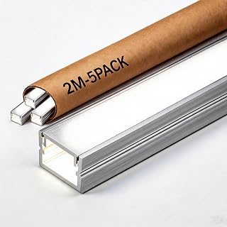 5x 2m LED Aluprofil U-Form Aufputz (10m Set), extra flach 17x7mm, Silber, weiße Abdeckung, für LED Streifen bis 12,4mm, inkl. Montageclips & Schrauben, indirekte Beleuchtung Wohnzimmer