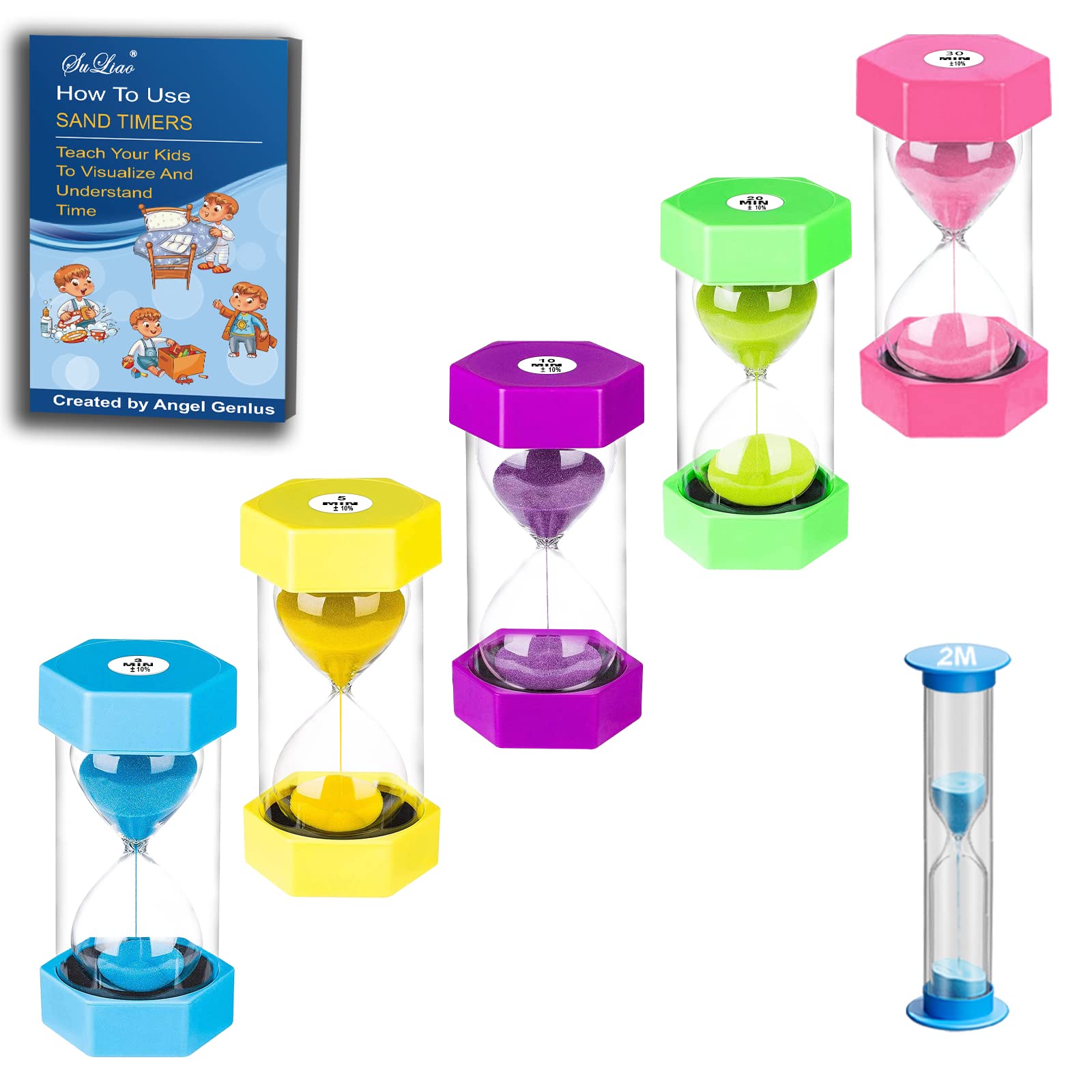 SuLiaoHourglass Sand Timer for Kids: Large Acrylic Unbreakable Sand Clock 3/5/10/20/30 Minutes, Plastic Sand Watch, Colorful Hour Glass Sandglass for Classroom Games Kitchen (Pack of 5)