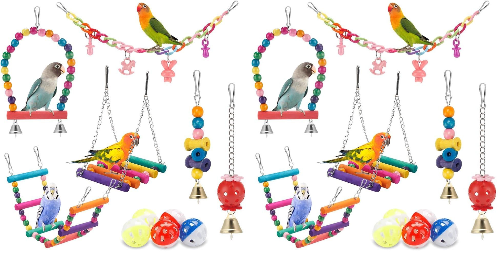 Bird Parakeet Toys - Swing Hanging Standing Chewing Hammock Climbing Ladder Bird Cage Colorful Toys Suitable for Budgerigar, Parakeet, Conure, Cockatiel, Mynah, Love Birds, Finches (Pack of 2)