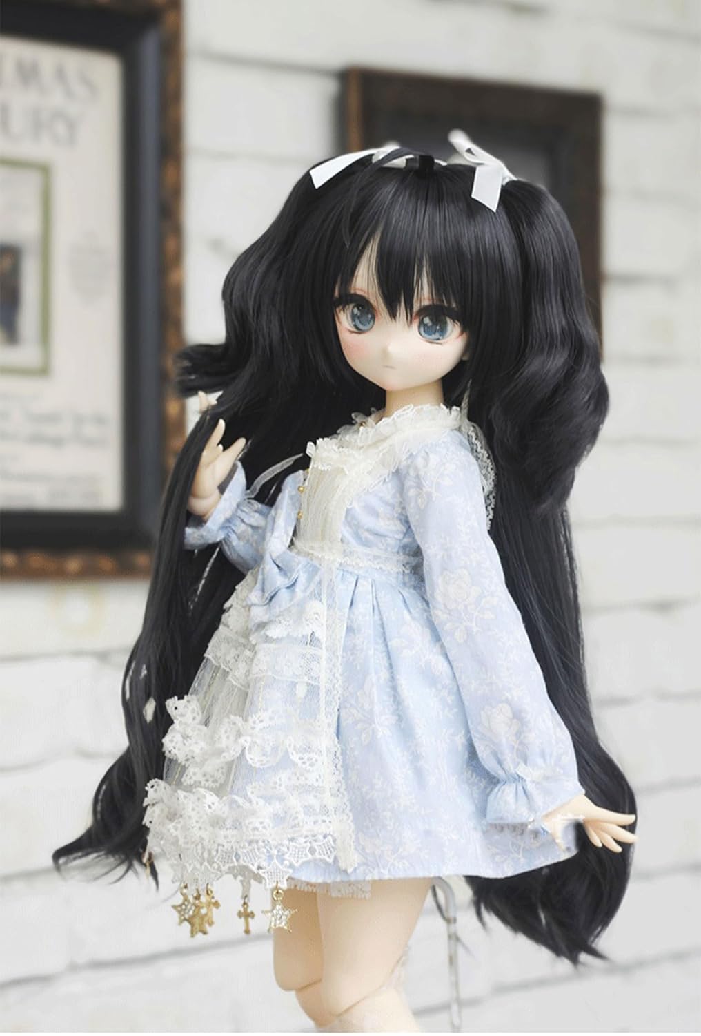 1:3 Scale BJD Doll Wig Fluffy Curly Short Twin Tails with Standing Hair Cute Design Dress Up Costume (Cyan)
