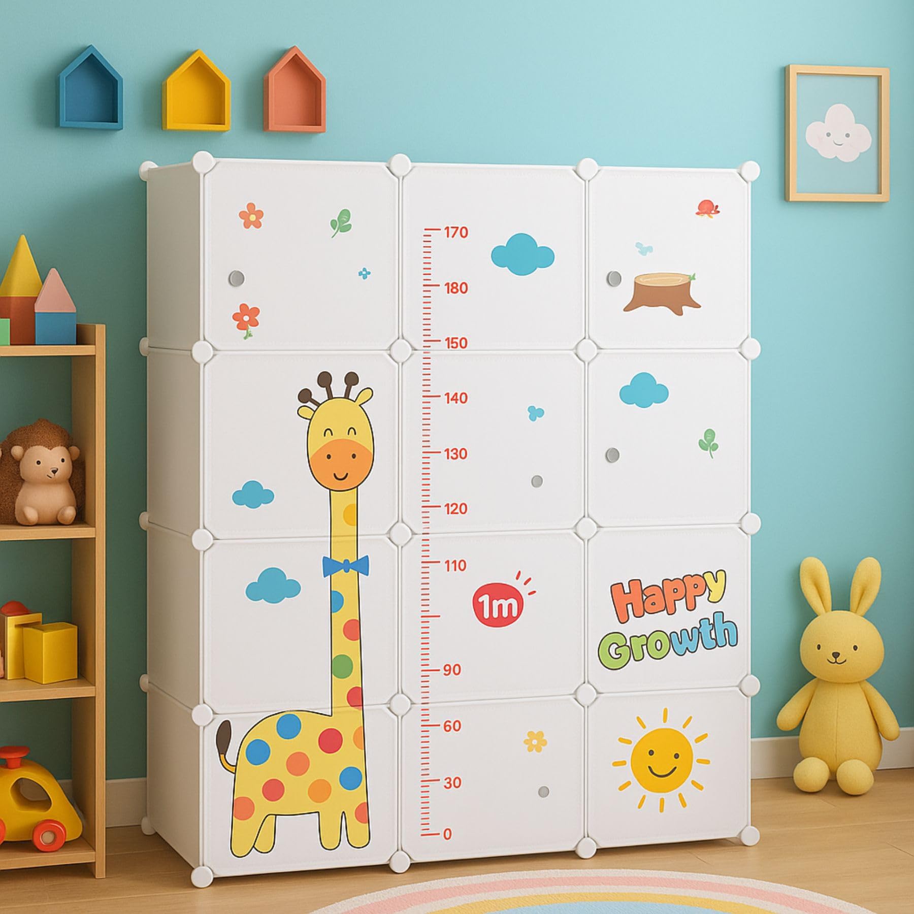 Little Olive Plastic Wardrobe with Growth Chart | Modular Cartoon Giraffe Storage Cabinet for Kids Room | Spacious Multi Cube Organizer for Toys and Clothes | Matte White Nursery Furniture-image-18