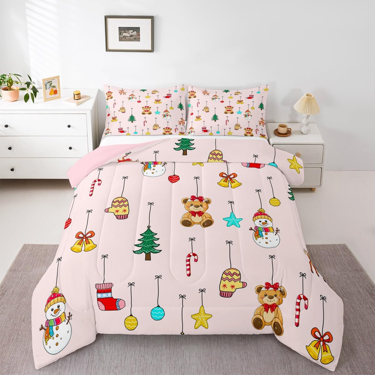 Homewish Różowy świąteczny zestaw kołdry w rozmiarze King Size - uroczy bałwan niedźwiedź dzwonki zestaw pościeli dla dzieci nastolatków lampki świąteczne zestaw kołdry - skarpety choinkowe bez