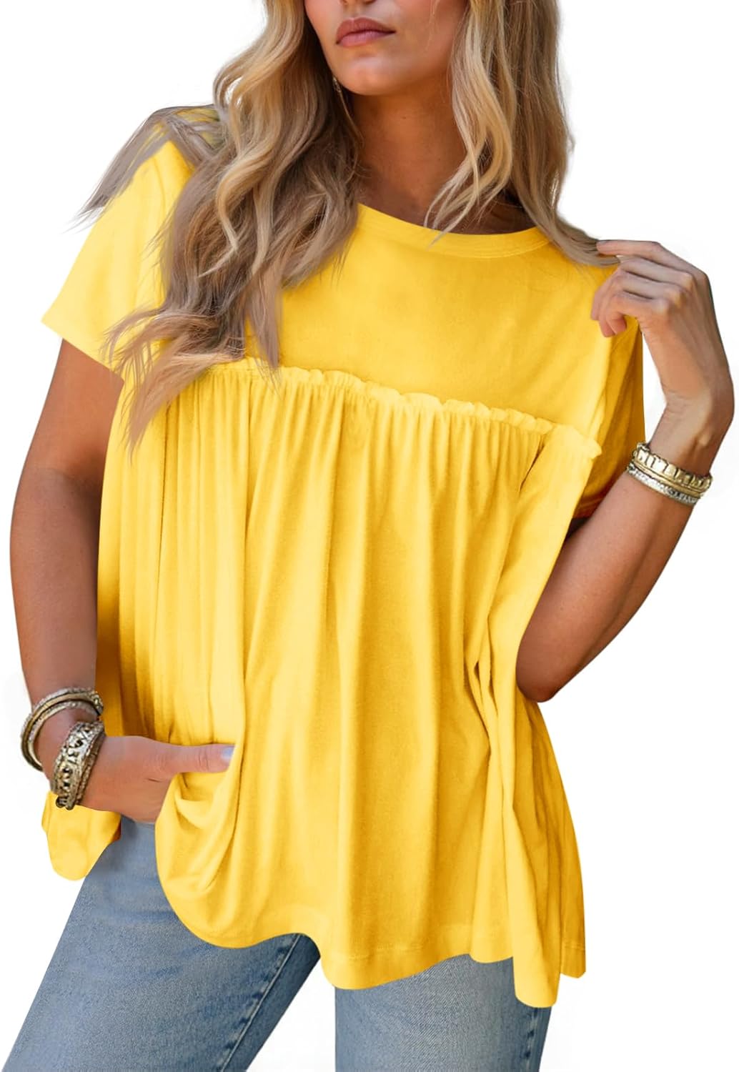 Cicy Bell Women Summer T Shirts Babydoll Tops Pleated Short Sleeve Crew Neck Peplum Blouse Casual Loose Fit Yellow - Image 6