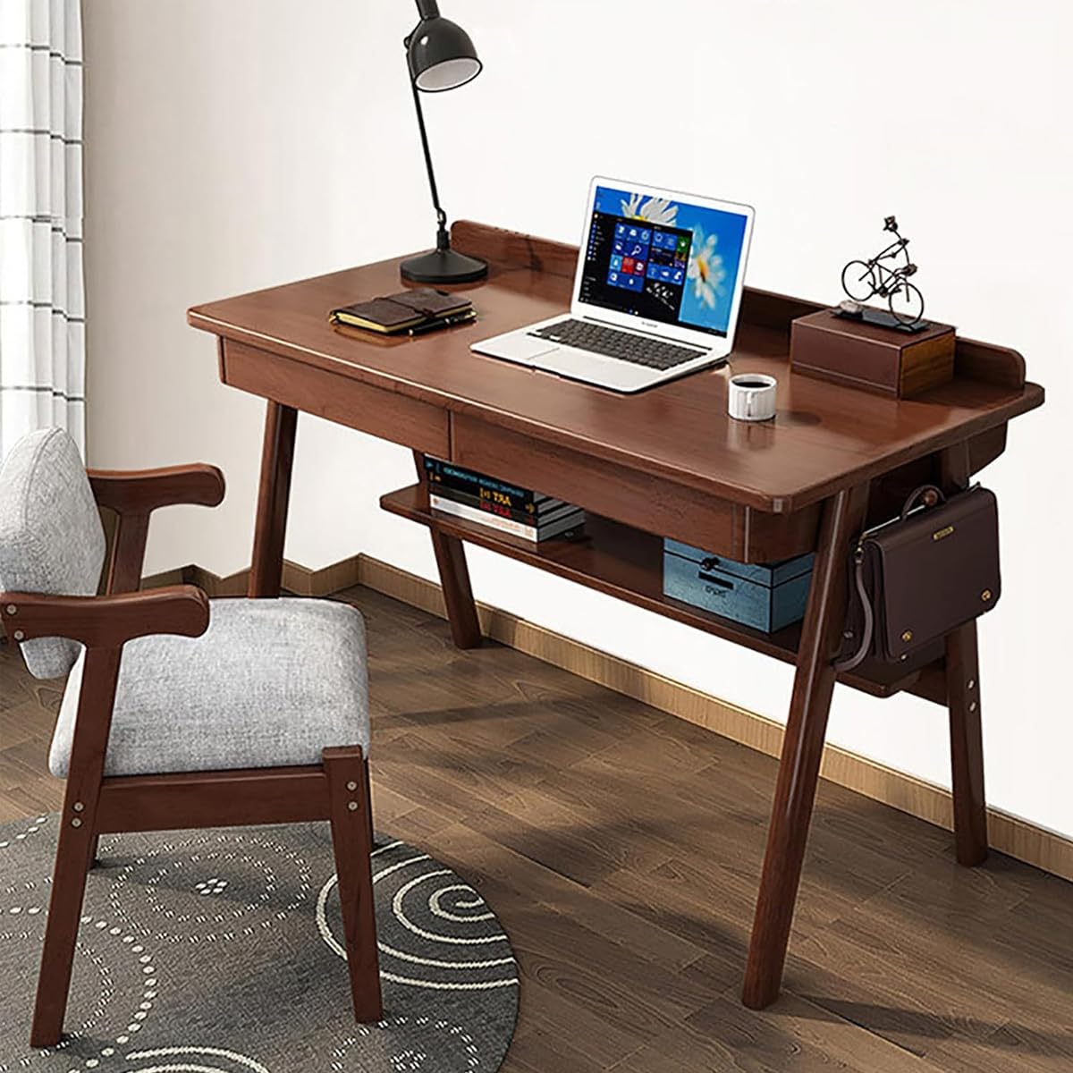 Massivholz Schreibtisch mit 2 Schubladen – Mid-Century Computertisch für Homeoffice, 80/100120 cm Arbeitstisch mit Ablage und Haken, stabiler PC-Tisch für Studenten (Nussbaum, 80cm)