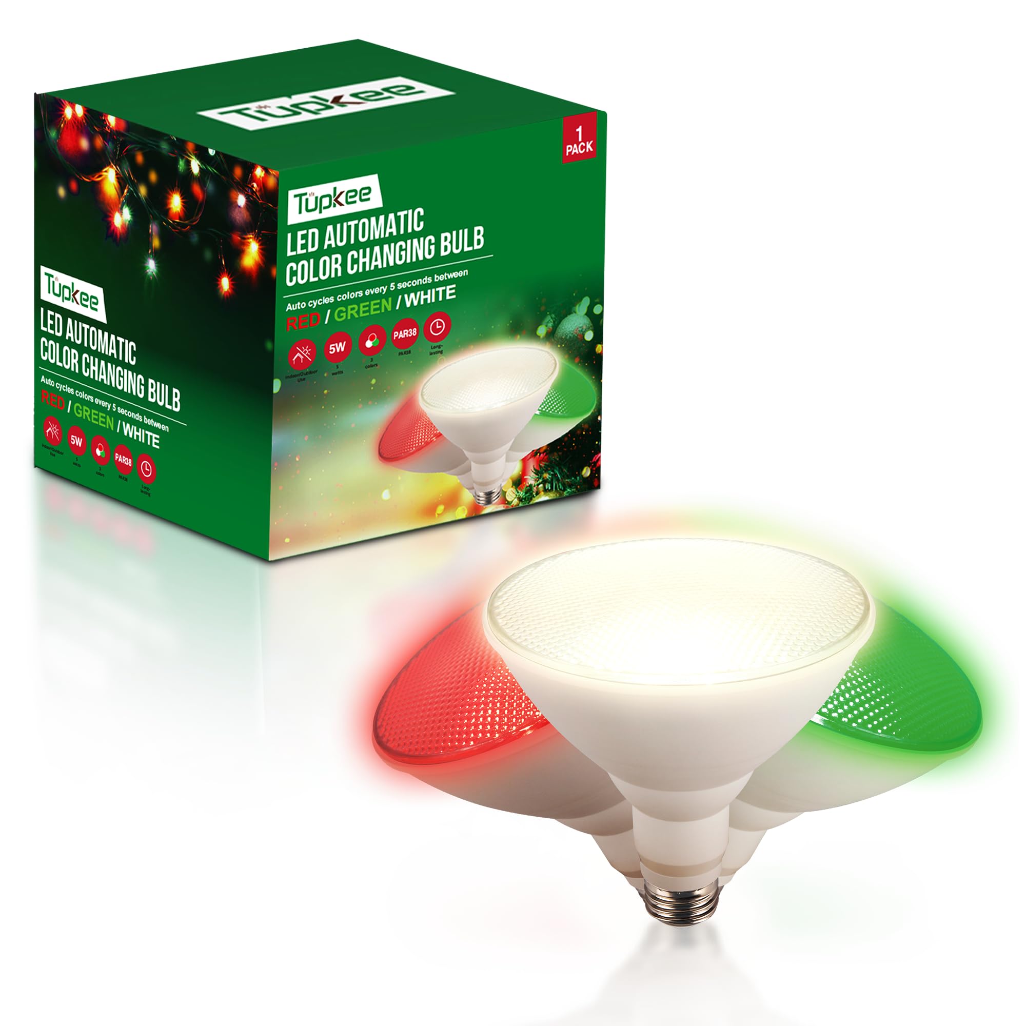 Tupkee LED Automatic Color Changing Bulb - Automatically Cycles Between Red/Green/White Every 5 Seconds – PAR38, E26, 5W, Christmas Outdoor Porch LED FloodLight Spot Light Bulb Holiday Decoration
