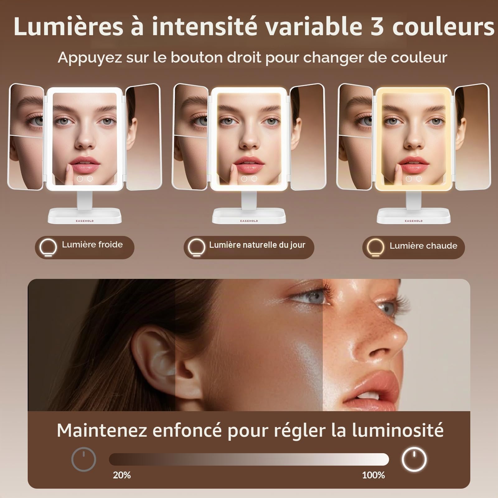 EASEHOLD Miroir de maquillage avec lumières 38 LED miroir grossissant 1 x 2 x 5 x 10 x miroir pliable avec écran tactile rotation de 180 degrés double alimentation gradateur miroir cosmétique éclairé