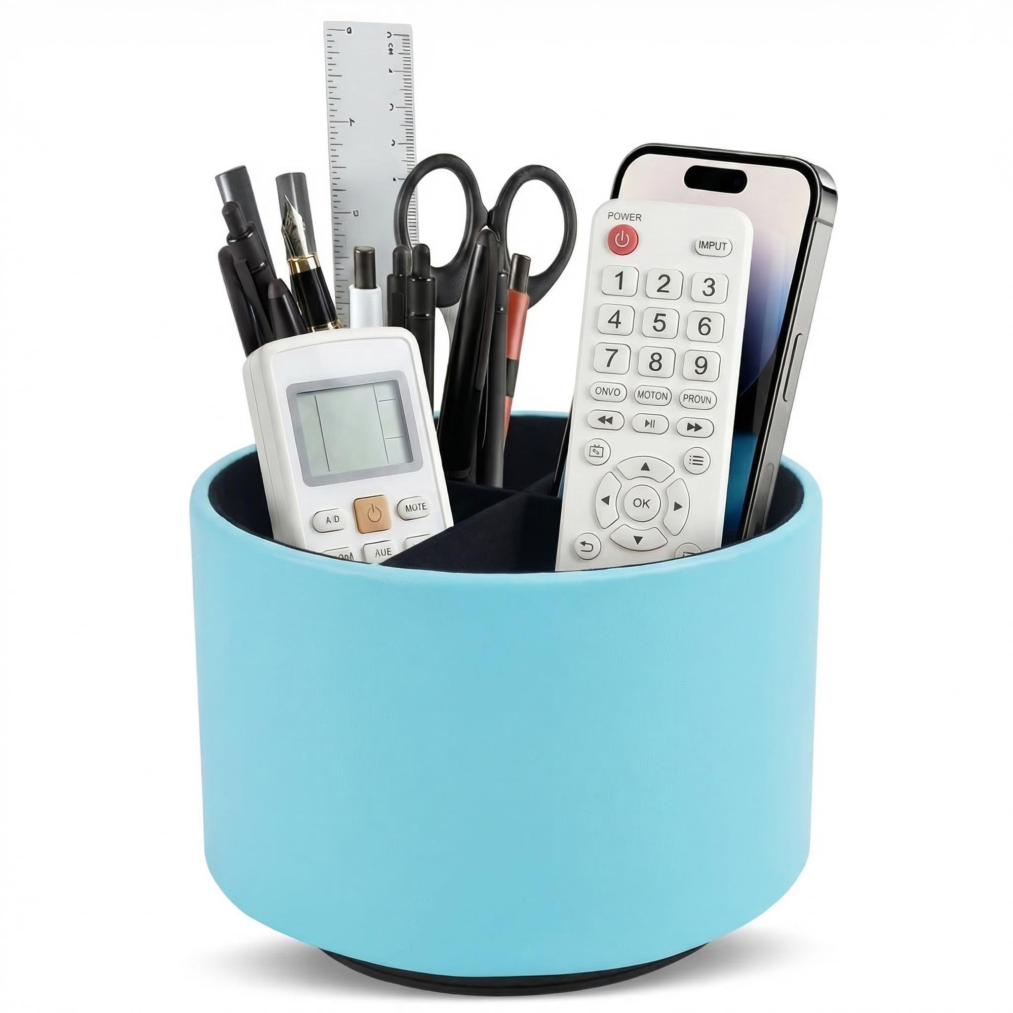 Organiseur rond en cuir bleu rotatif à 360 degrés pour bureau chic