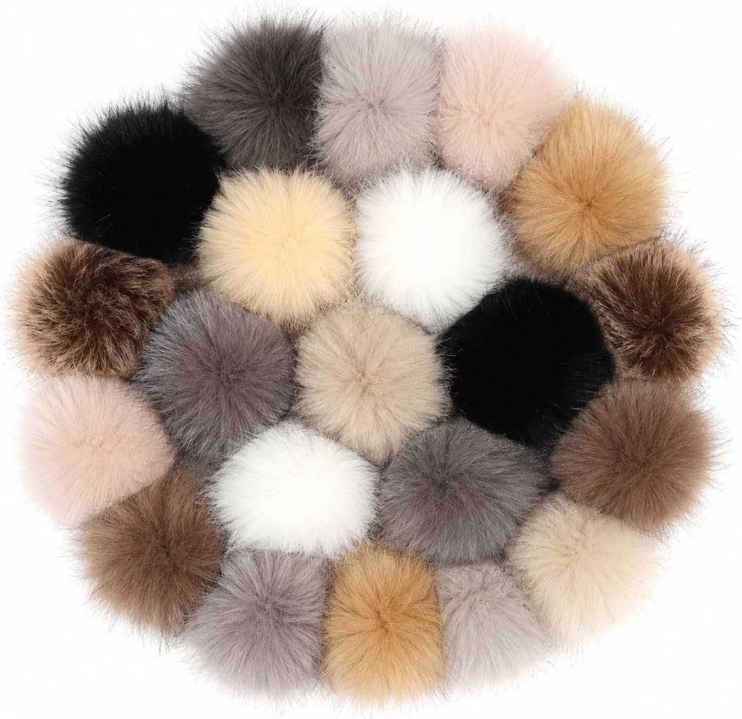Faux Fur Pom Poms for Hats 4.5 Inch with Elastic Loop, 24Pcs