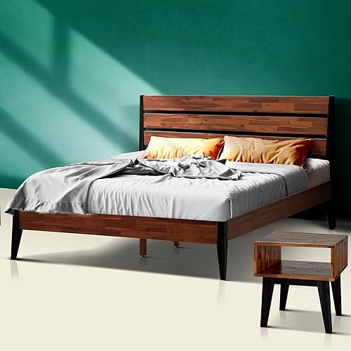Acacia Emery Wooden Platform Bed Frame with Nightstand Set, Solid Wood Bed Frame Headboard + Bedroom Side Table Ready Assemble, Queen, Americano