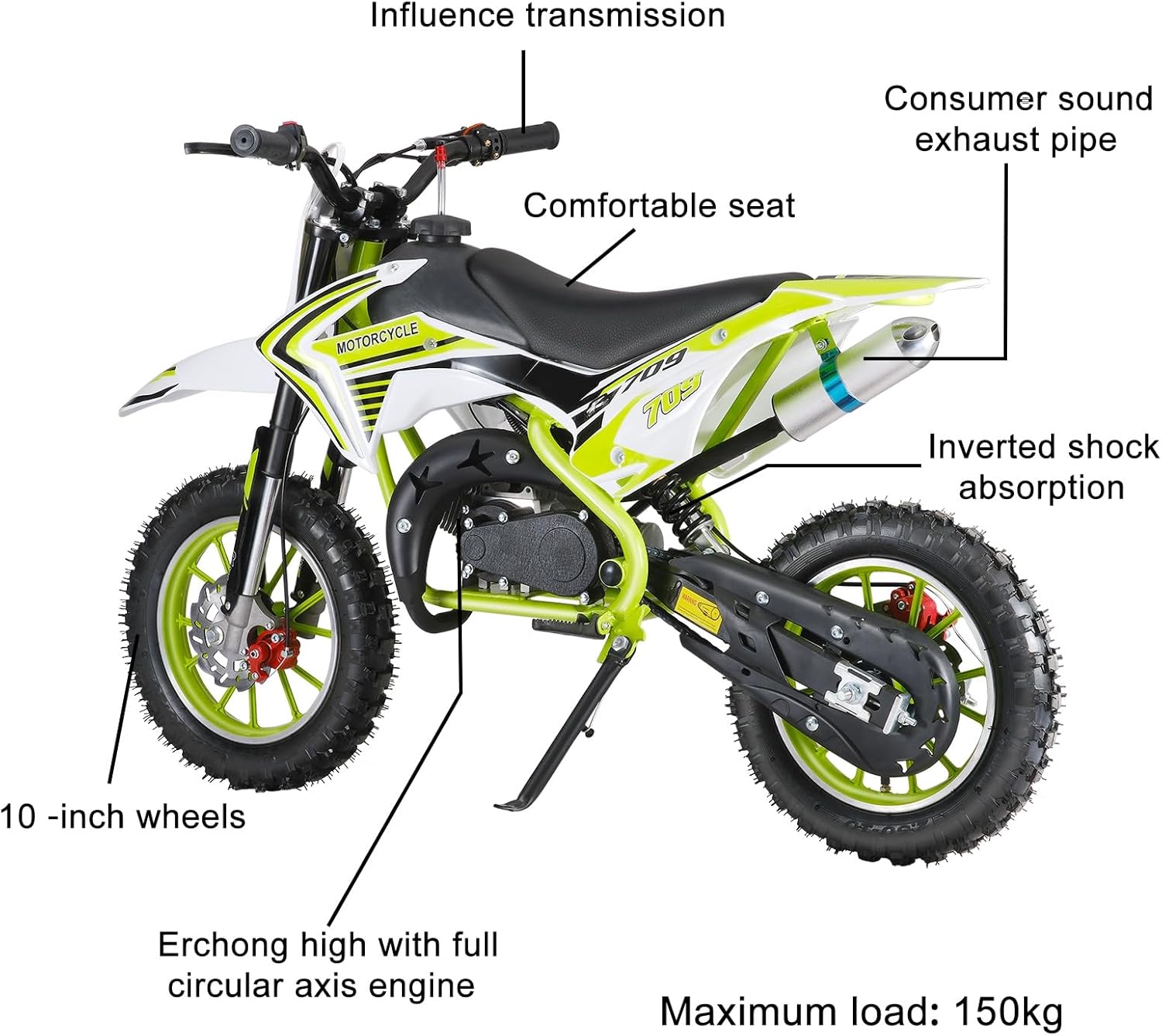 Saterkali 49cc 2-Stroke Kids Dirt Bike|Gas Power Motocross|Mini Dirt Bike Off Road| Pocket Motorbike with Front Rear Disc Brakes, Racing Max Speed 30KM/H|Soft Seat Motorbike|Green|Fast Arrival Green