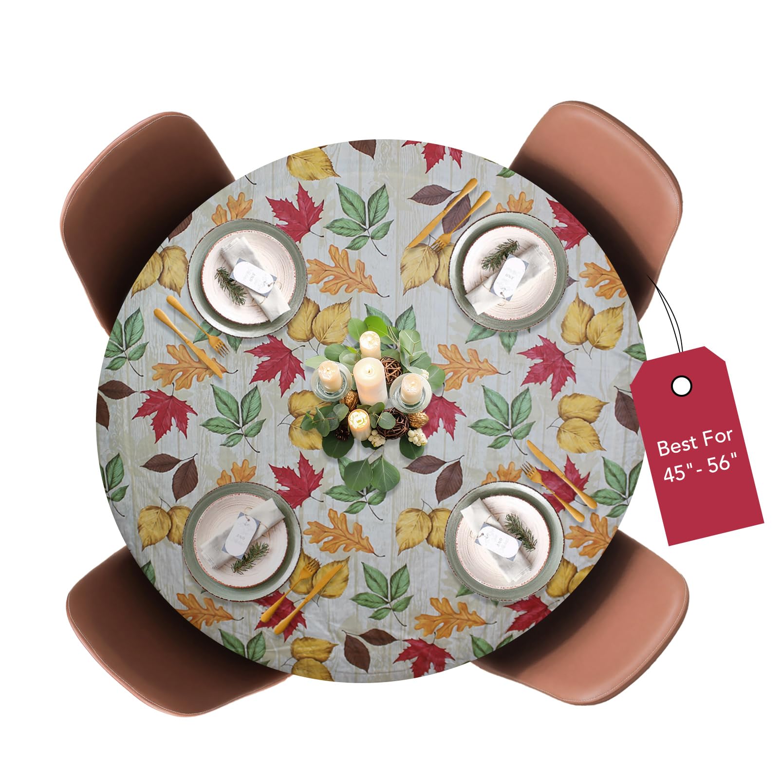 Covers For The Home Deluxe Elastic Edged Flannel Backed Vinyl Fitted Table Cover - All-Over Leaves Pattern - Large Round Oblong Oval - Fits Tables up to 45" - 56" Diameter