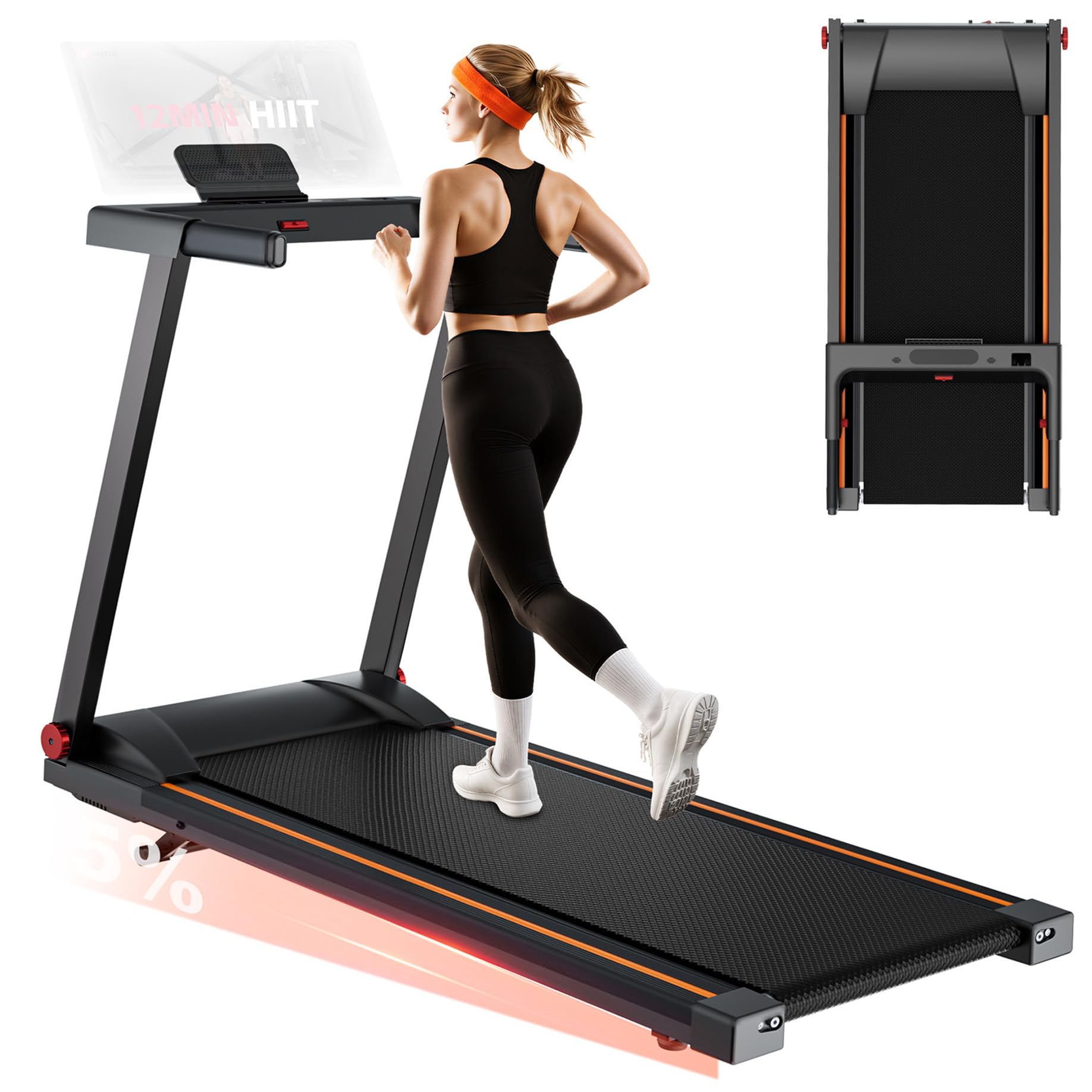 Superun Tapis Roulant Pieghevole, Motore 3,0 CV, Inclinazione 5%, Velocità 12 km/h, Area Corsa 100×42 cm, Portata 136 kg, Controllo APP, Programmi HIIT e MIIT per Uso Domestico