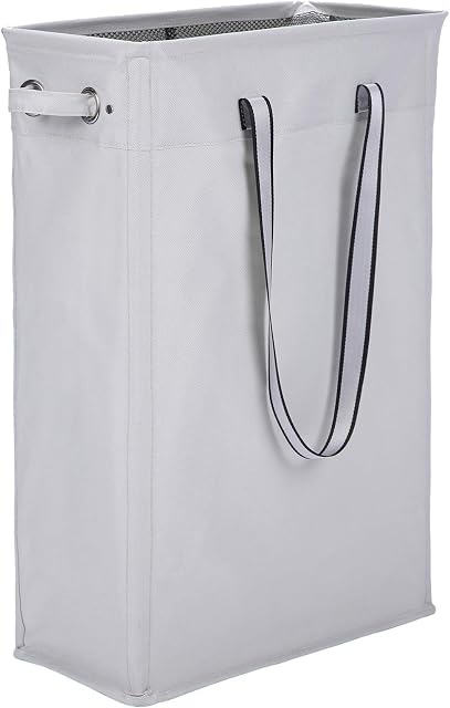 Caroeas Clothes Basket, 24" Handy Hanging Laundry Basket Tall & Slim Hamper Waterproof Laundry Bag Collapsible Travel Laundry Bag with Breathable Mesh Cover & Soft Handle Laundry Hamper (Light Grey)
