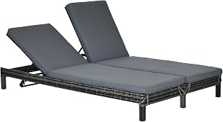 Outsunny Polyrattan Doppelliege Sonnenliege Gartenliege für 2 Personen Relaxliege Luxus Lounge 5-stufige Rückenlehne Metall PE Rattan Grau 196 x 120 x 28 cm