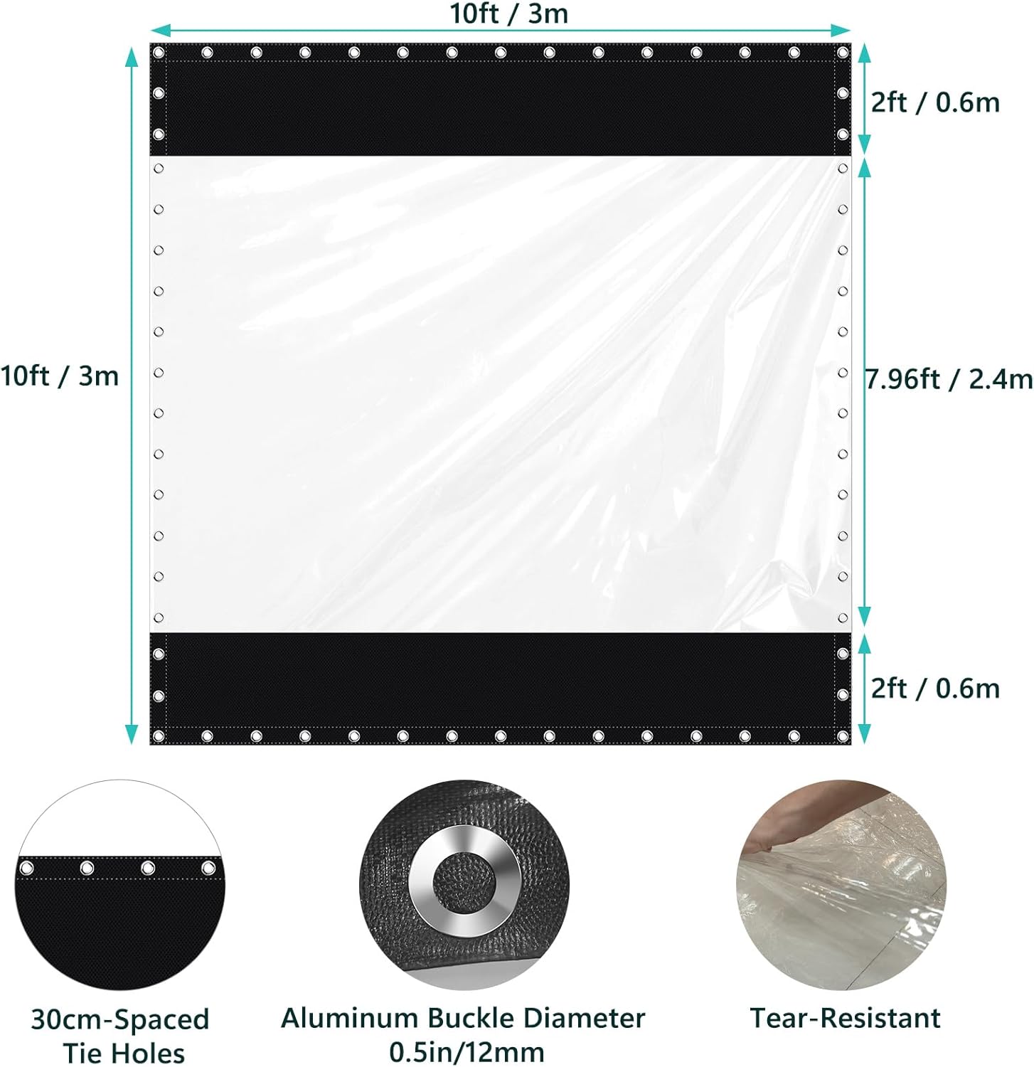 21.16OZ Clear Tarp 10' x 10', 19.69 Mil Vinyl PVC Tarp Waterproof Tarpaulin, Transparent Clear Tarps Winter Patio Enclosure Window Sheets Drop Cloth for Garden Patio Curtains, Black