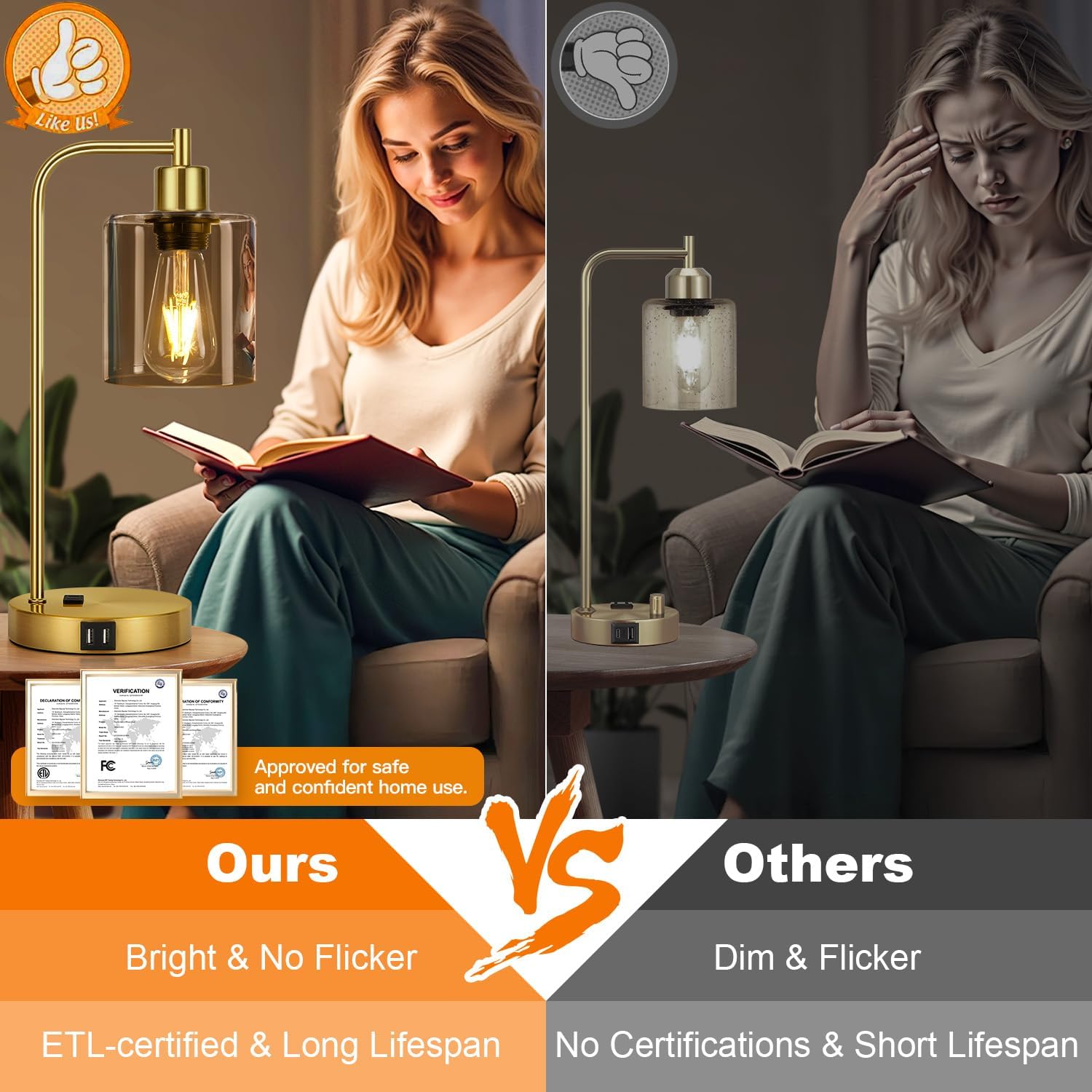 Set of 2 Industrial Touch Control Table Lamps with 2 USB Ports and AC Outlet - 3-Way Dimmable Gold Bedside Lamp Nightstand Desk Lamps for Bedroom Living Room, Amber Glass Shade & 2 LED Bulbs Included