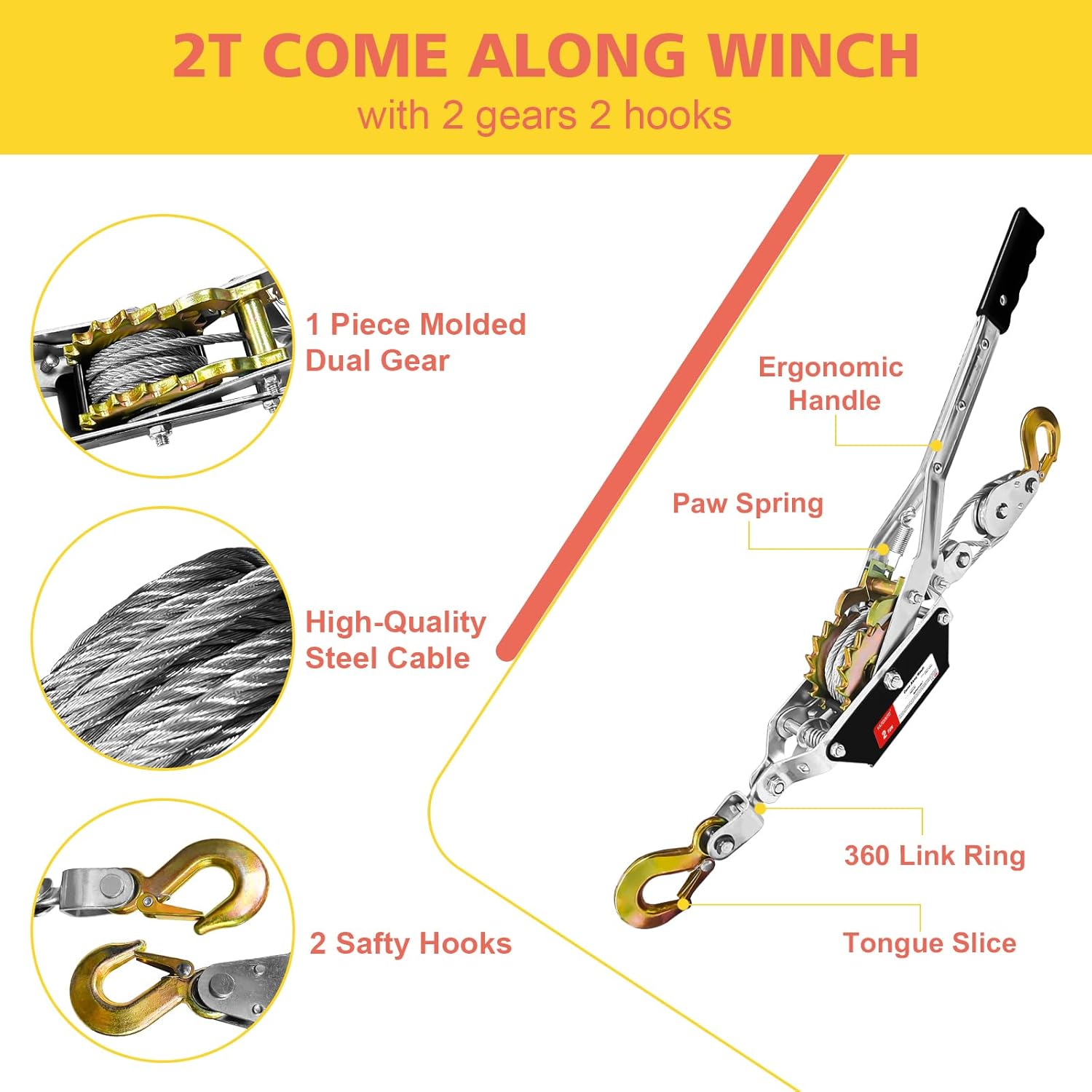 YATOINTO Come Along Winch 2-Ton with 7.54FT Steel Cable & 2 Hooks Heavy Duty Power Cable Come Along - Dual Gears Manual Winch for Vehicle Rescue & Automotive Hoist