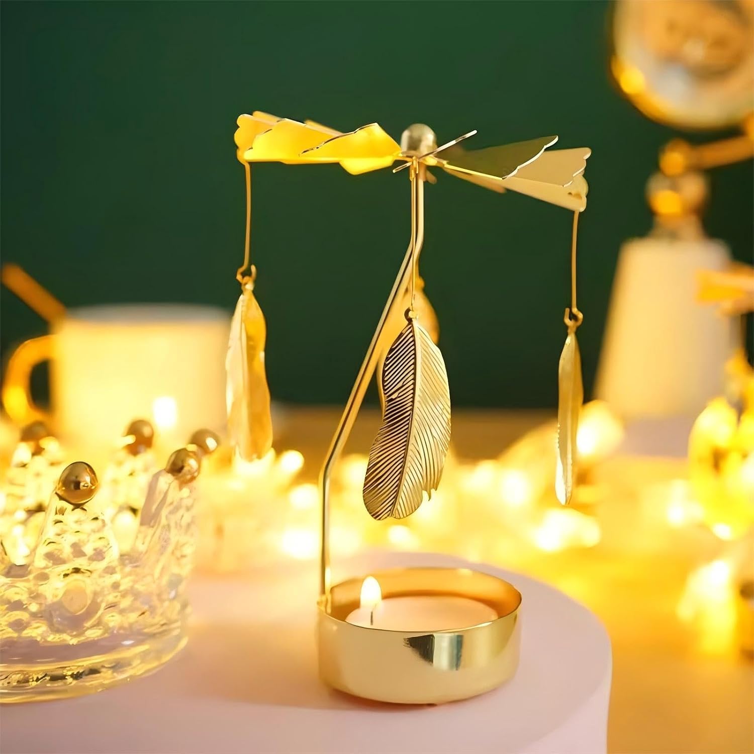 Self Rotary Candle Holder Holder, Metal Spinning Tea Light Holders Automatic Rotating, Romantic Aroma Tea Candle Round Holder, Unicorn, Snowflower, Kids, Leather Candle Holder(Moon Cat)