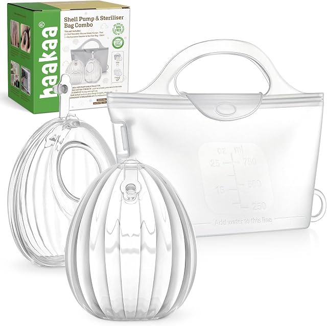 Haakaa Pompe à sein en silicone avec sac stérilisant, 2-in-1 Hands-Free Passive Lait Catcher pour allaiter maman, l'allaitement essentiel, 2-Pack 75ml Pompes & 1 Sac à stériliser, congelé