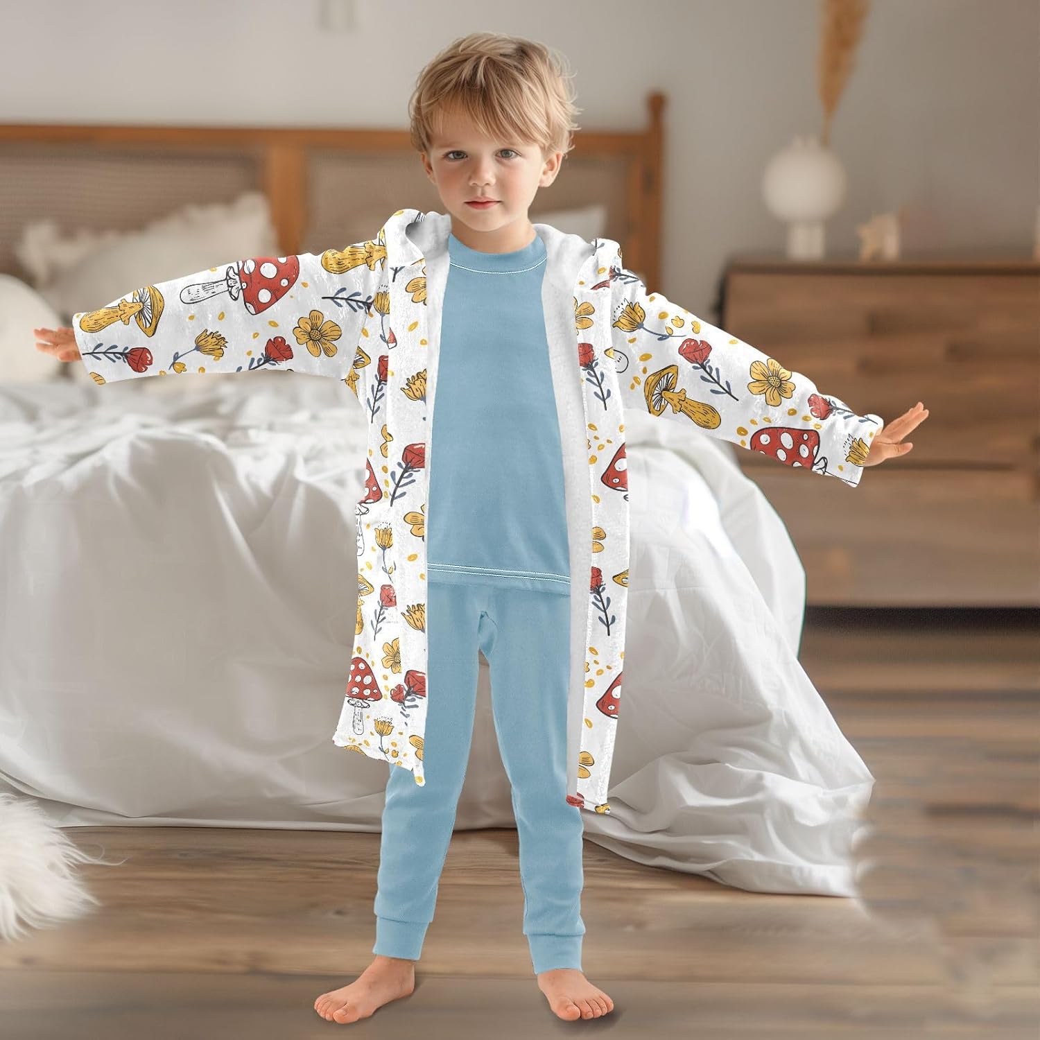 senya Mushroom and Sunflower 1 Toddler Hooded Bathrobe Kids Soft Plush Bath Towel Robes for Boys Girls 2-12 Years