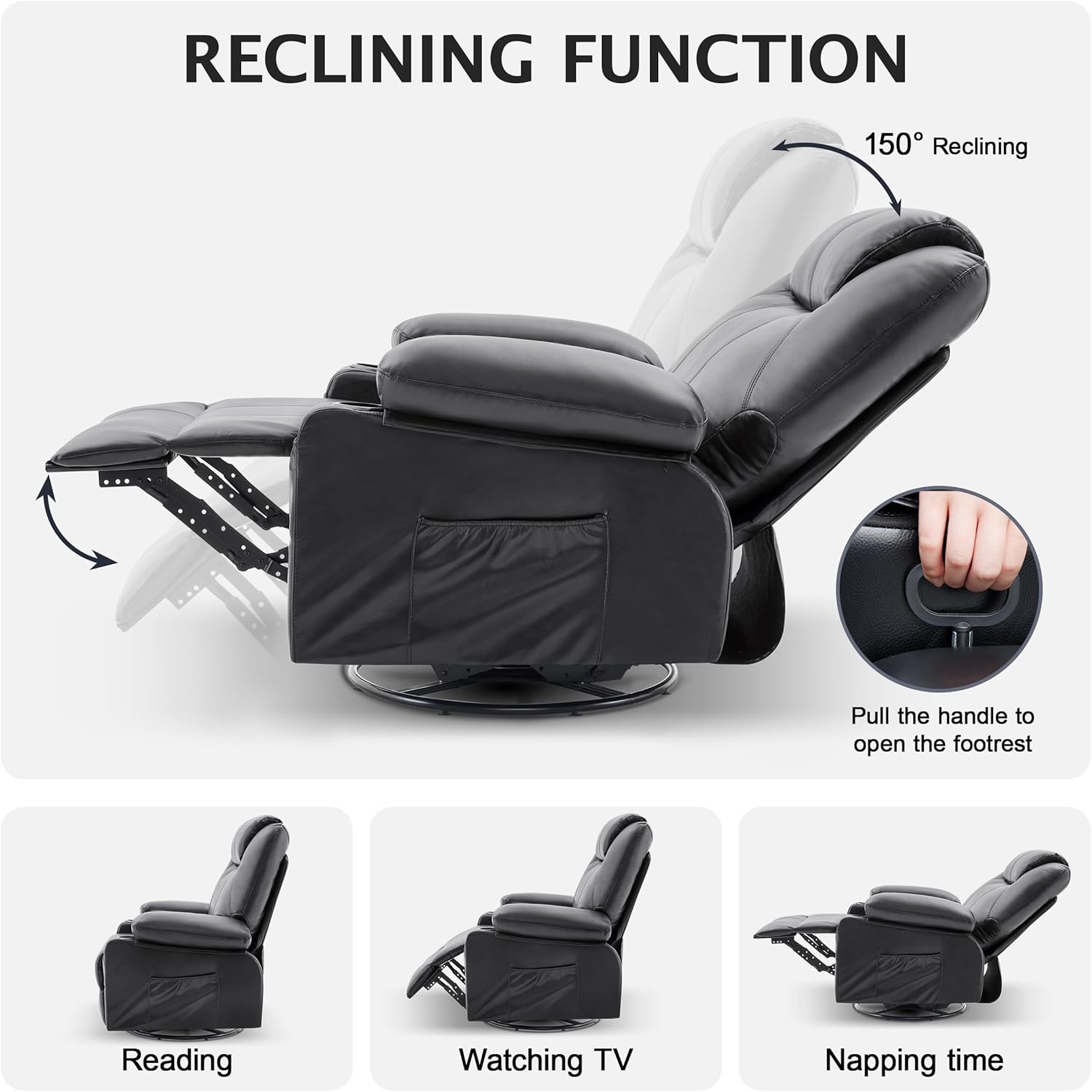 Oversized Swivel Rocker Recliner Sofa Chair with Heat and Massage, Big Recliner Sofa Chair for Living Room, 360 Degree Swivel Single Sofa with Cup Holders and USB Port(Leather, Black)