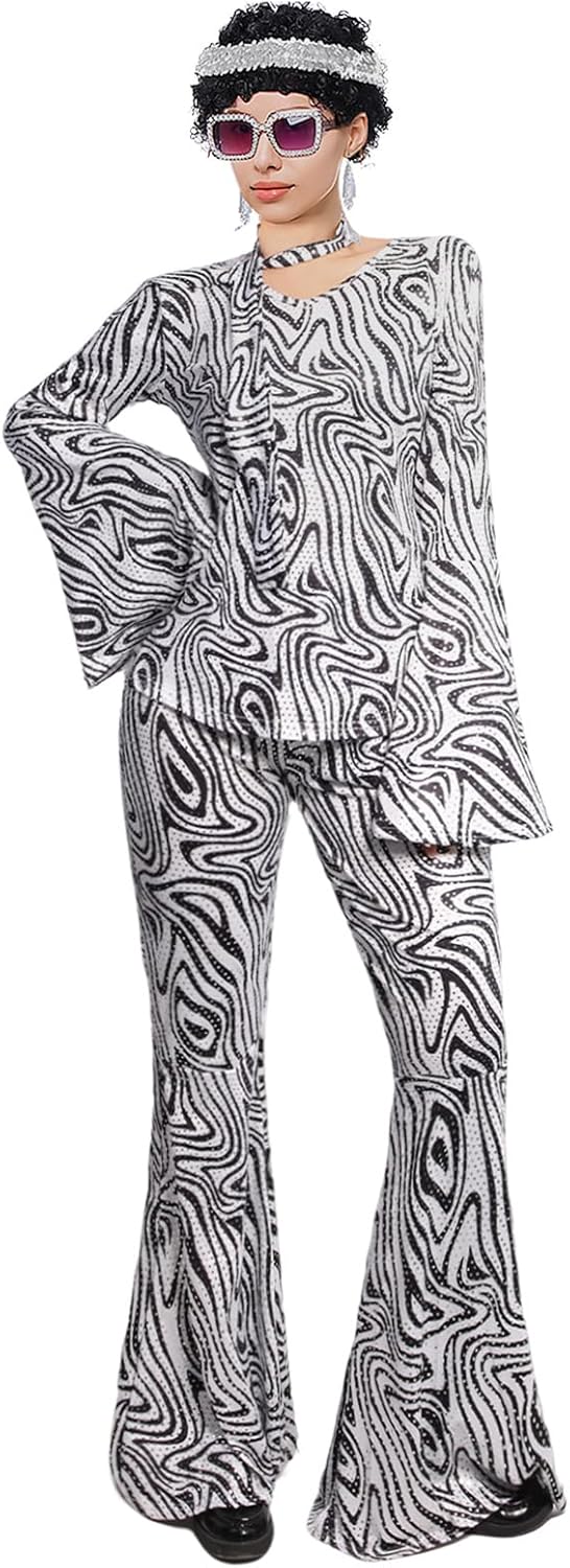 70s Disco Outfits for Women, Retro 8 PCS Disco Costume with Top, Pants, Sunglasses, Ring, Earrings, Wigand - Image 4