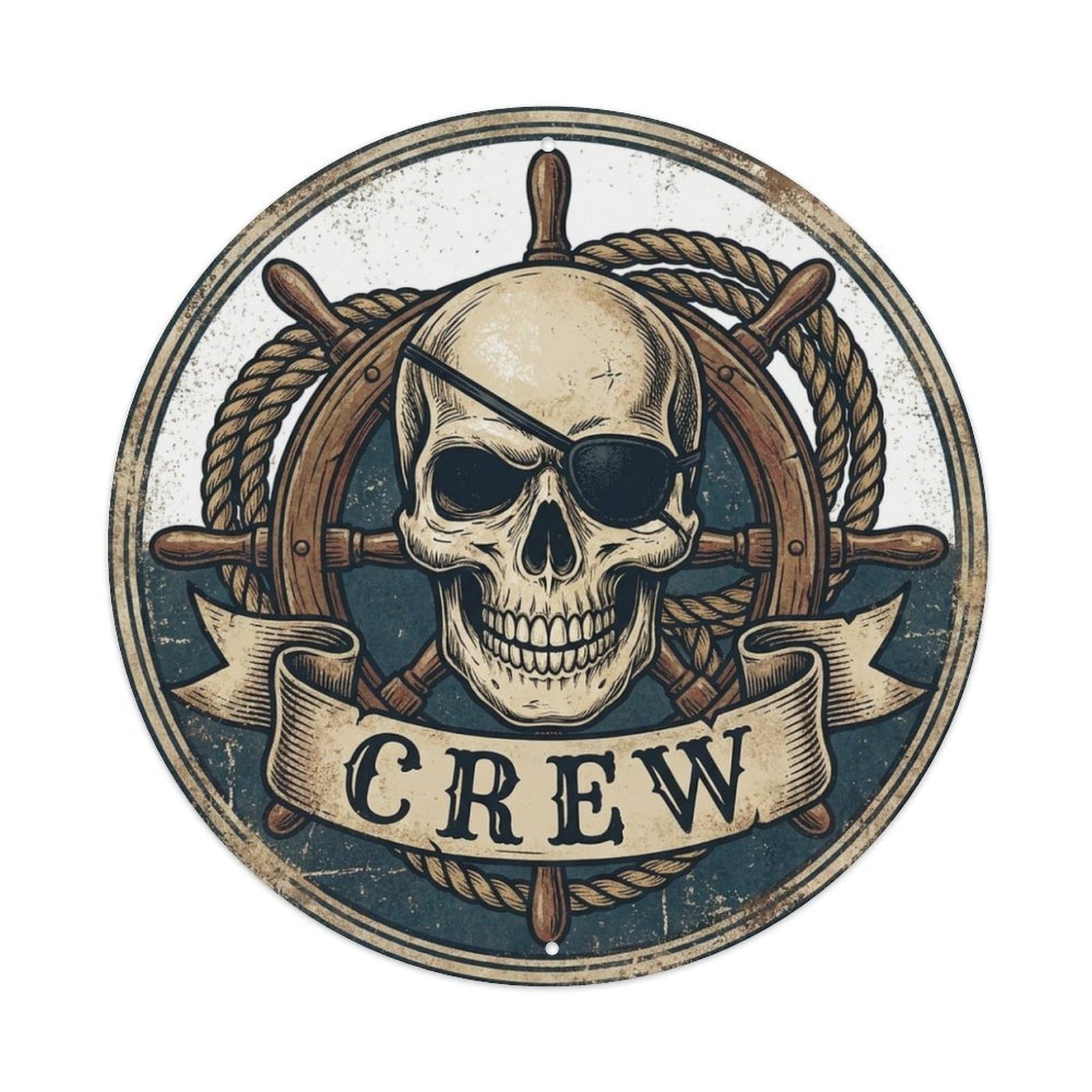 Crew Skull Eyepatch Ship Wheel High Seas Metal Tin Sign