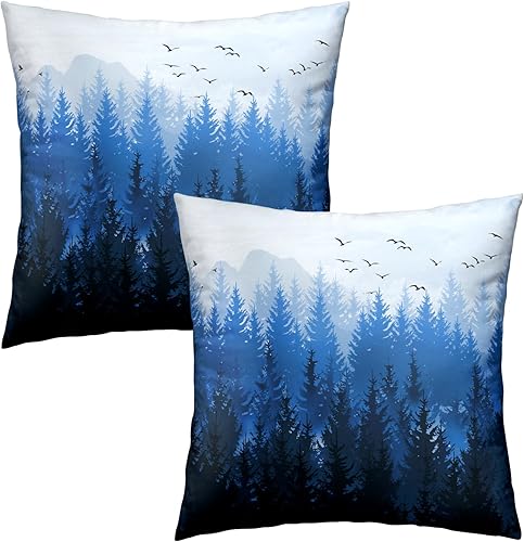 Miniatura 2 de Misty Forest - Fundas de almohada de 20 x 20 pulgadas, 2 fundas de almohada cuadradas de paisaje natural con árboles de bosque azul para decoración