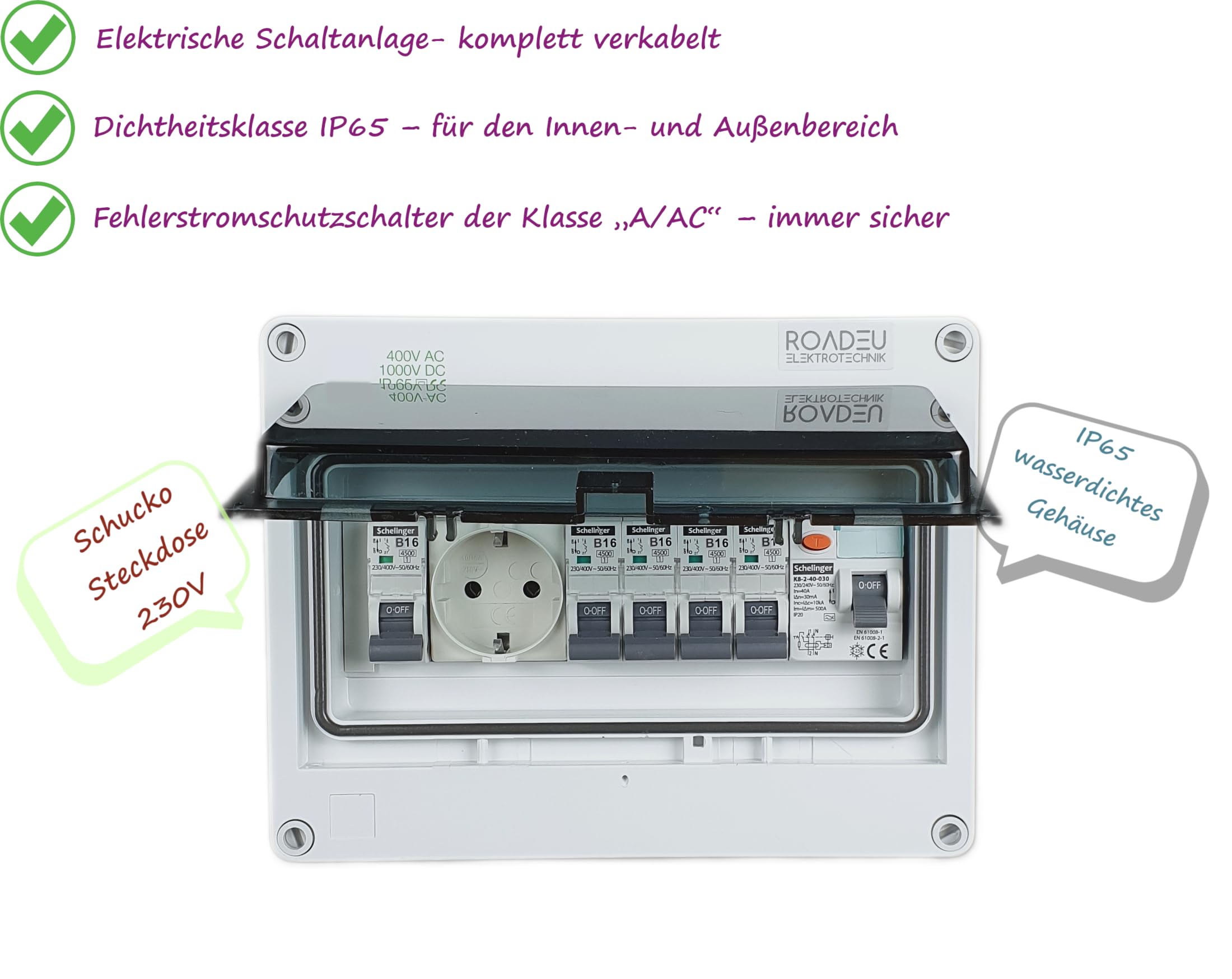 RoadEu - Leitungsschutzschalter - Komplett mit Fi Schutzschalter und Schuko Steckdose - 16A Sicherungsautomat "B" in Verteilerkasten - Sicherungskasten IP65