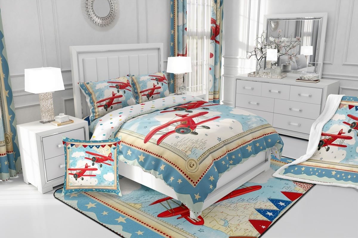 Aircraft Travel Kids Comforter Sets Toddler Size,Red Traffic Airplane Bedding Comforter Sets,Cartoon Sky Cloud Quilt Sets for Bedroom Decor,Watercolor Stars Print Duvet Insert with 1 Pillowcase
