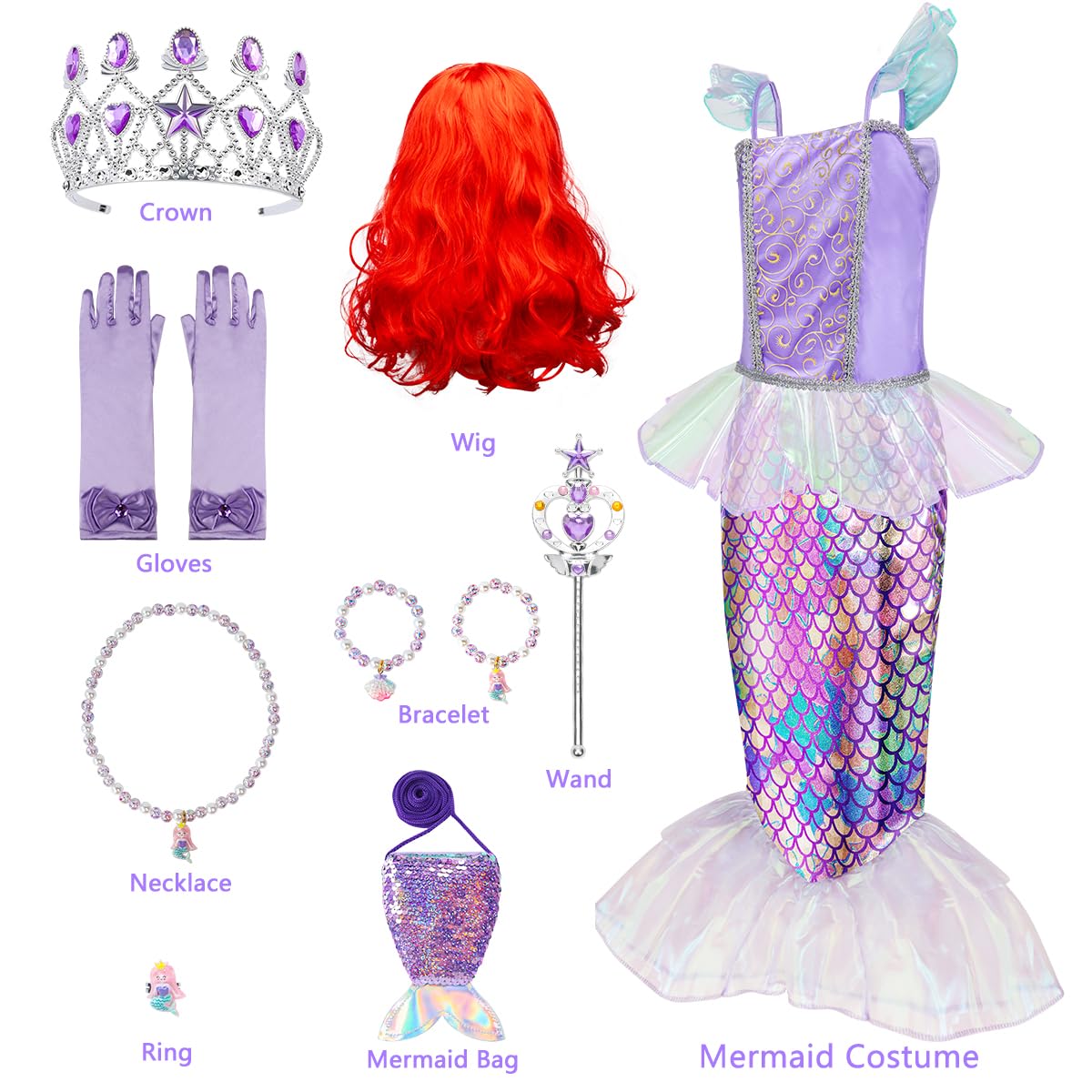 MELAND Mermaid Costume Kids, Princess Costumes with Wig for Girls Gift Aged 3-10, Little Mermaid Dress Up for Girls World Book Day (S) - Image 3