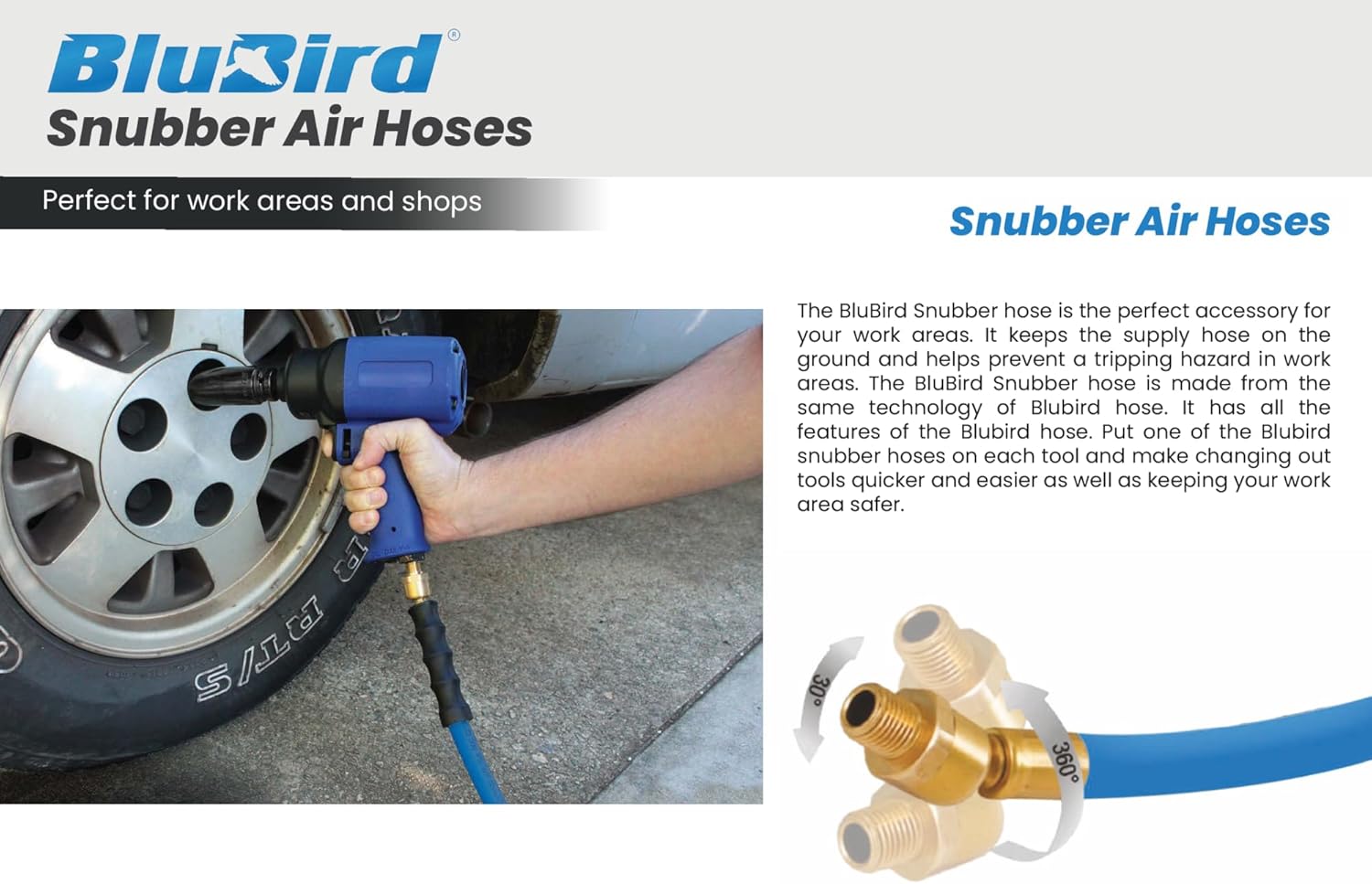 BLUBIRD BBSR1205 1/2" x 5' Rubber Air Snubber Hose, 100% Rubber, Lightest, Strongest, Most Flexible, 300 PSI, 50F to 190F Degrees, Ozone Resistant, High Strength Polyester Braided