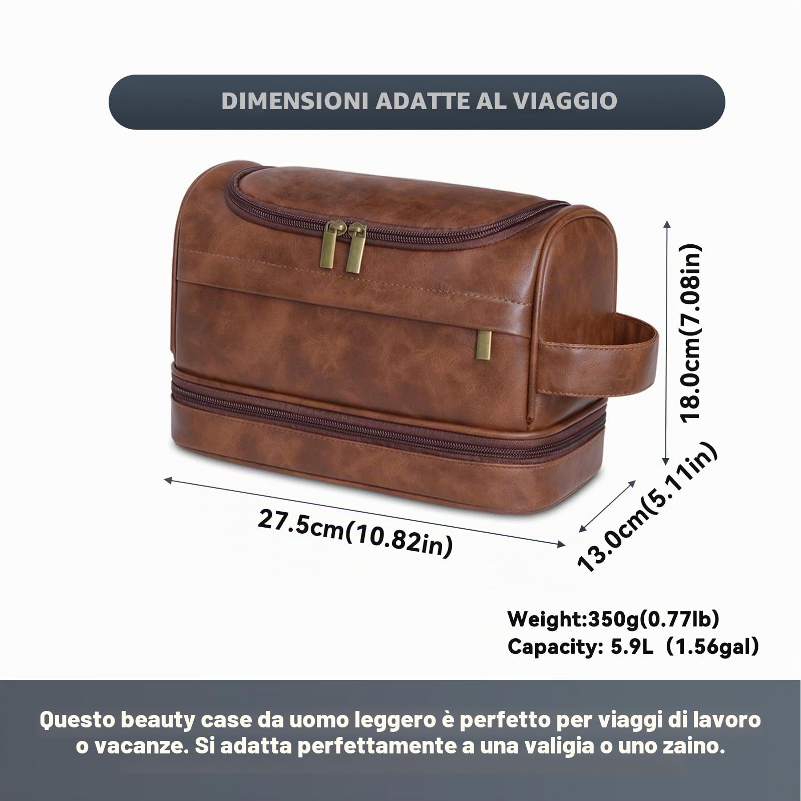 Beauty case da uomo,grande astuccio da viaggio in pelle con gancio per appenderlo