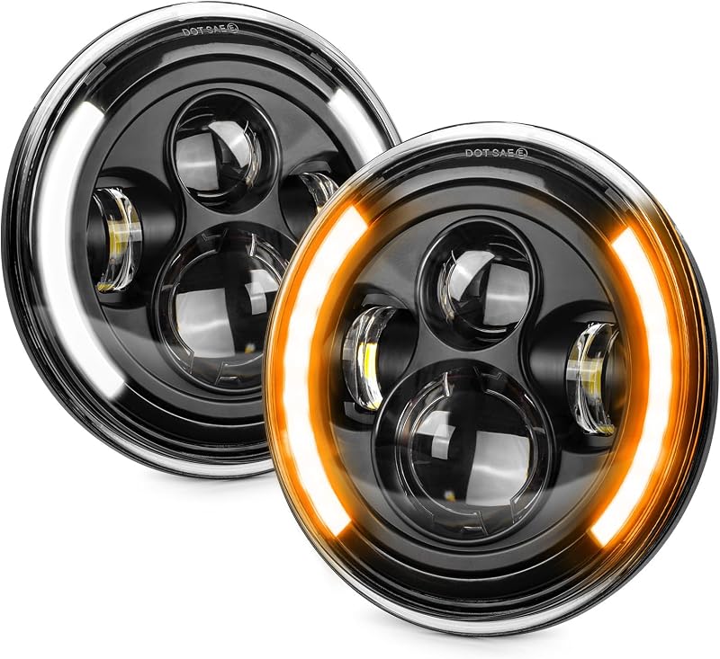 Farol LED redondo H6024 HILLSKING com halo, DRL e seta para Jeep Wrangler JK e TJ – Par