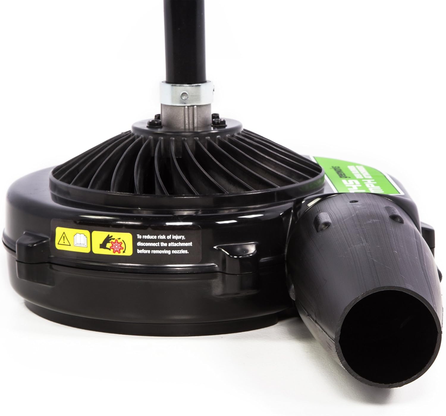 Close-up of Greenworks HBA45 attachment point with warning label