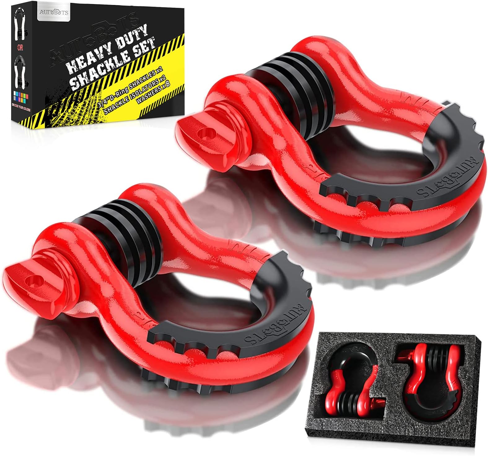 AUTOBOTS Bow Shackle 3/4" D-Ring Shackle (2 Pack), 41,887Ib Break Strength with 7/8" Pin, 2 Isolator and 4 Washers Kit for Off-Road Jeep Vehicle Recovery S-REDBLACK