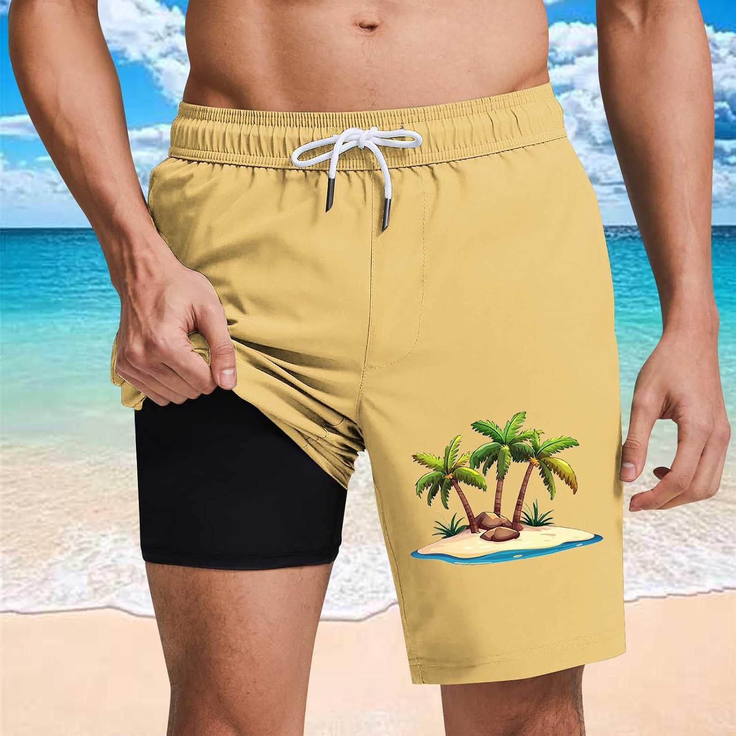 Men Swim Trunks Hawaiian Pattern Quick Dry Bathing Suit with Compression Liner Elastic Waist Beach Board Shorts