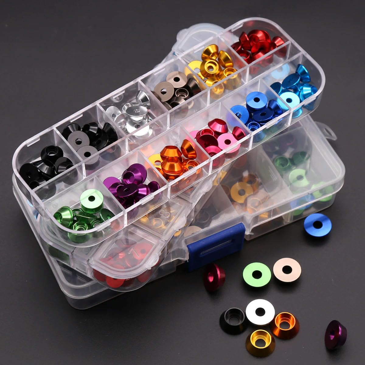 Juego de arandelas de aluminio de 100-120 piezas M2 M2.5 M3 M4 Kit de juntas anodizadas Corlorful para herramienta de tornillo de tapa hexagonal para piezas RC -M2.5-120PCS