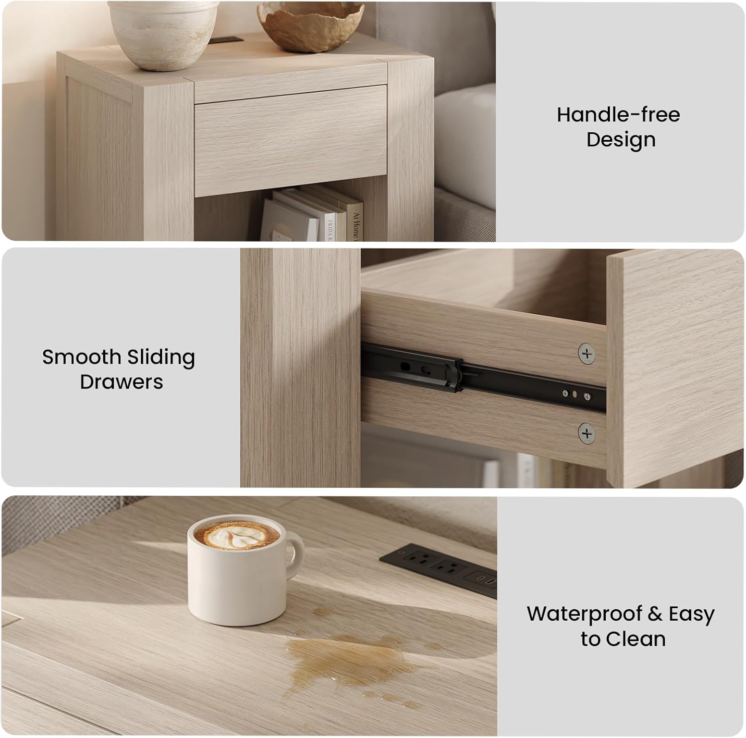 23.6'' Wide Modern Nightstand with Charging Station, White Oak Bedside Table with Drawer & Open Shelf for Bedroom, Large Wood End Table for Living Room, Bedroom, Bed Side, Couch, Natural