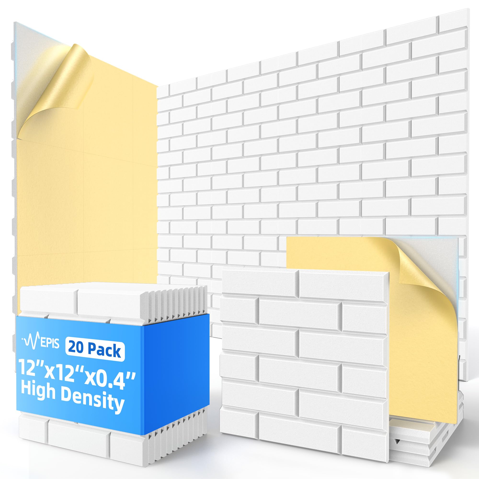 Photo 1 of 20 Pack Acoustic Panels with Self Adhesive, 12" X 12" X 0.4" High Density Sound Proof Foam Panels for Walls, Soundproof Wall Panels, Brick Sound Absorbing Panels for Home Studio Office Decor - White