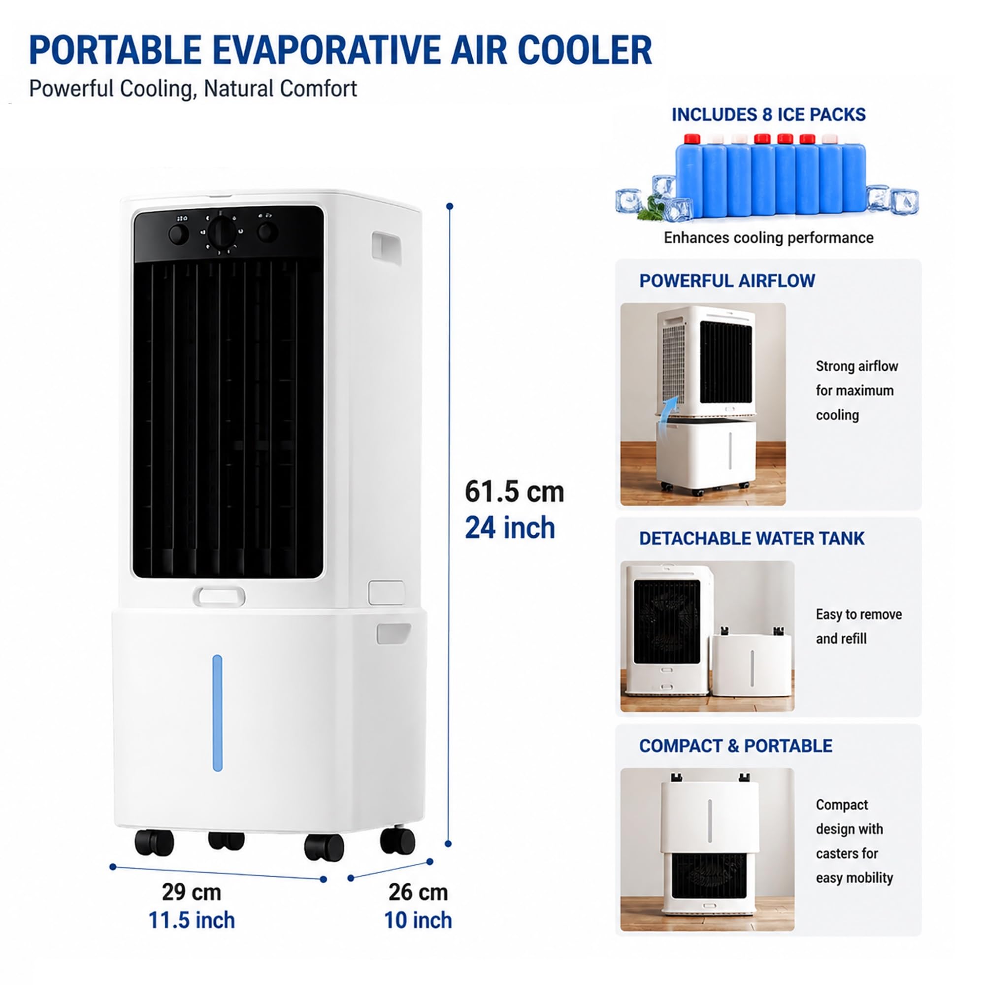 Climatizzatore Portatile 12L/25L, Raffrescatore d'Aria Smontabile 75W con 3 Velocità, Oscillazione 120°, Condizionatore Silenzioso con 8 Ghiaccioli Refrigeranti per Camera, Ufficio