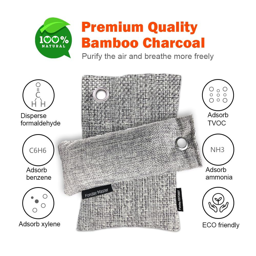 Paquete de 12 bolsas desodorizantes de carbón de bambú (50 g x 6 + 150 g x 6), eliminador de olores y purificador de aire para bolsa de gimnasio, zapatos, coche, armario de mascotas
