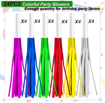 24PCS Bulk Party Blowers & Colourful Noise Makers - Fringed Glitter Party Horns Whistles for Birthday Graduation Christmas New Year - Premium Party Supplies (Mixed Colors)