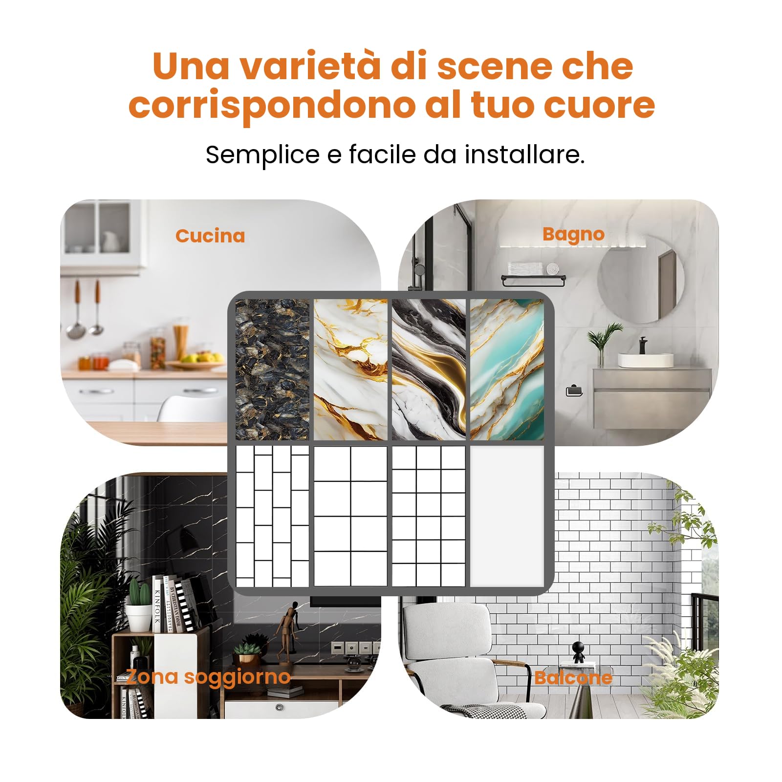 Pannello da parete autoadesivo, 10 pezzi, effetto marmo, 60 x 30 cm, in PVC, impermeabile, resistente all'olio, per cucina, bagno, soggiorno (tipo H)